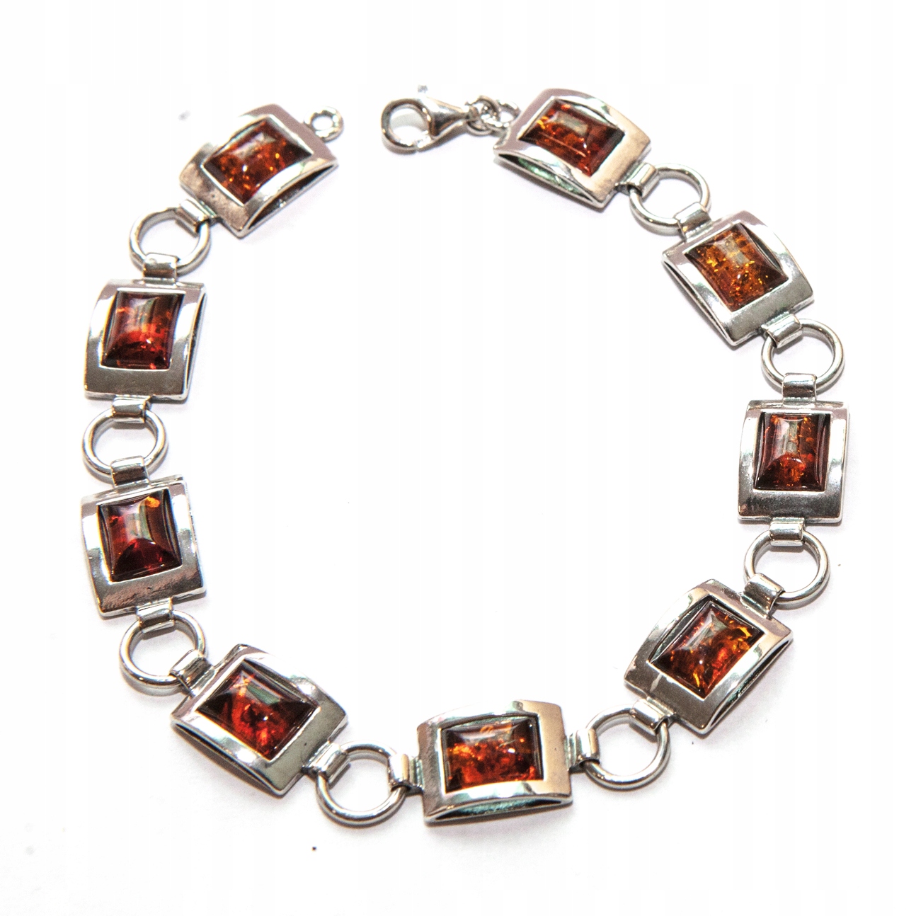 Stříbrný náramek s jantarem, obdélník stříbro 925, koňakový jantar