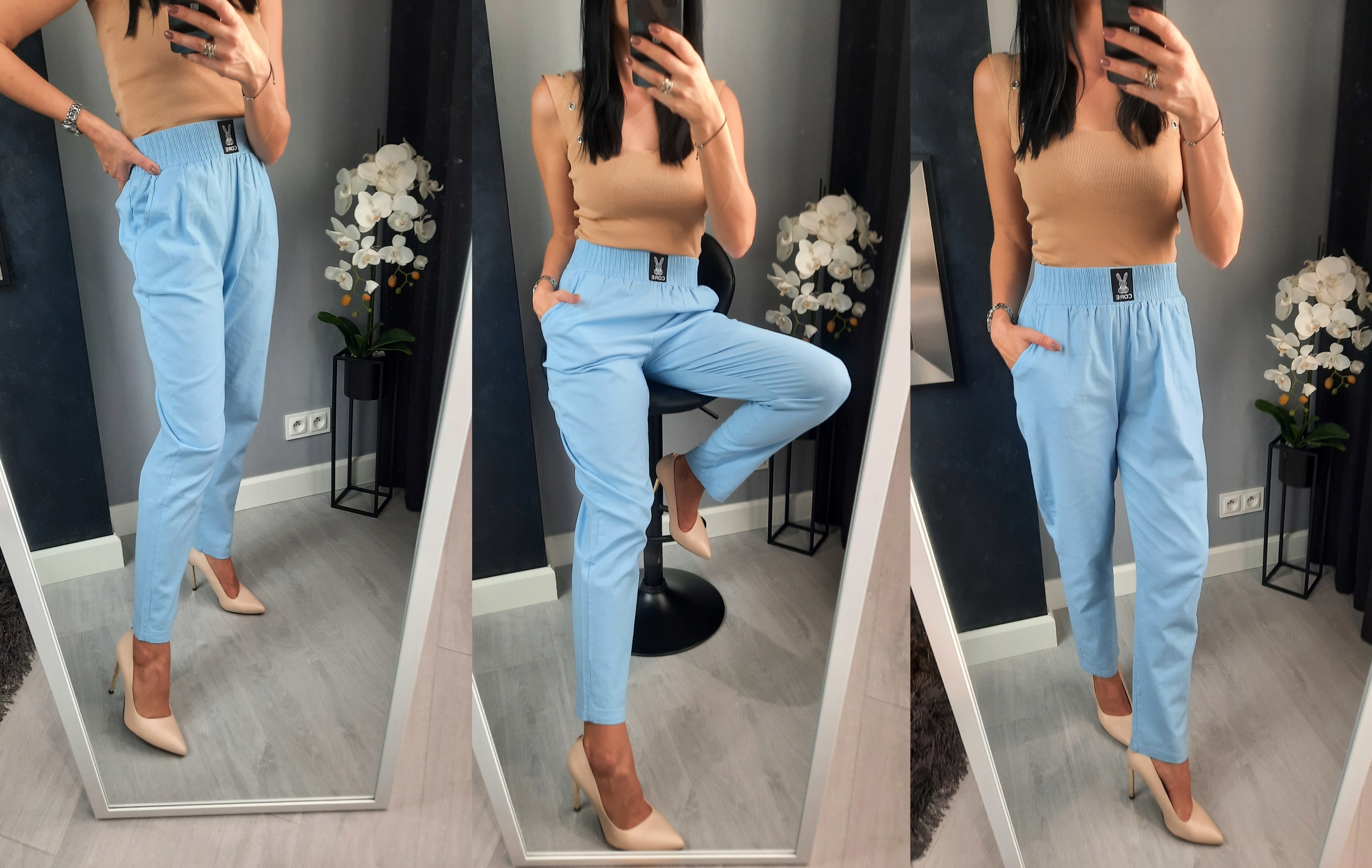 Przewiewne spodnie, bawełna 95%, wysoki stan, RÓŻNE KOLORY L _40 Stan (wysokość w pasie) wysoki