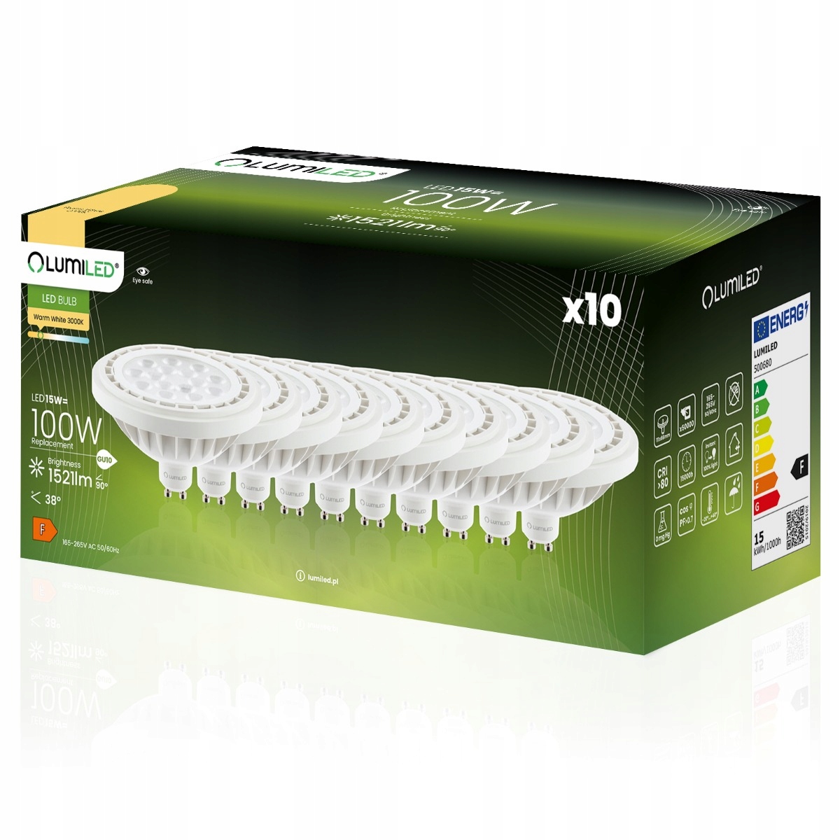 10x Led žiarovka GU10 AR111 ES111 15W 100W 1521lm 3000K Teplá 38° Lumiled