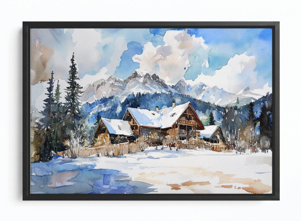 Obraz Rám Americký Box Zima Krajina Hory Akvarel Domky Alpy Sníh 60x40