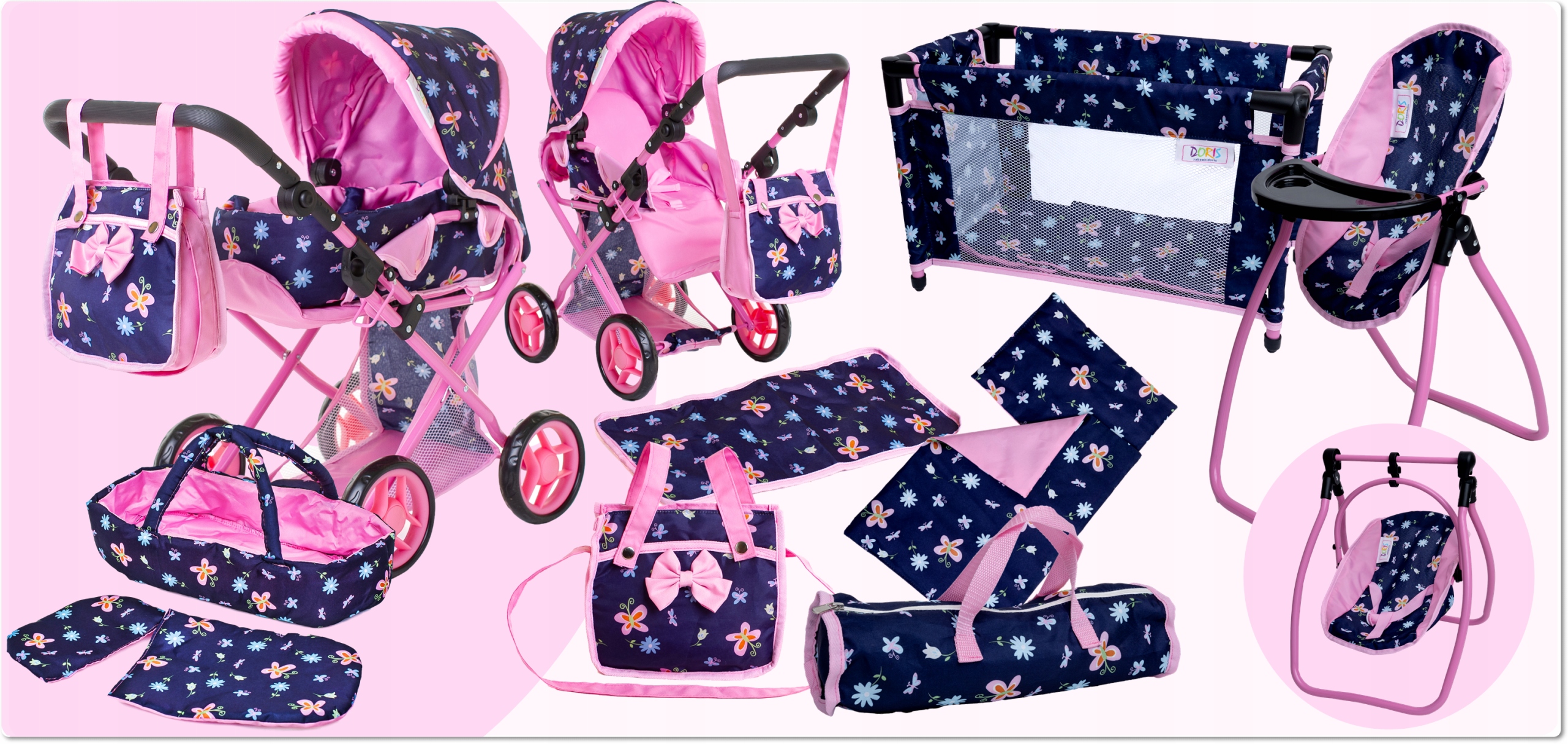 Wózek dla lalek 3w1 ŁÓŻECZKO KRZESEŁKO POŚCIEL TORBA PRZEWIJAK ZESTAW XXL Rodzaj zestaw 3 w 1