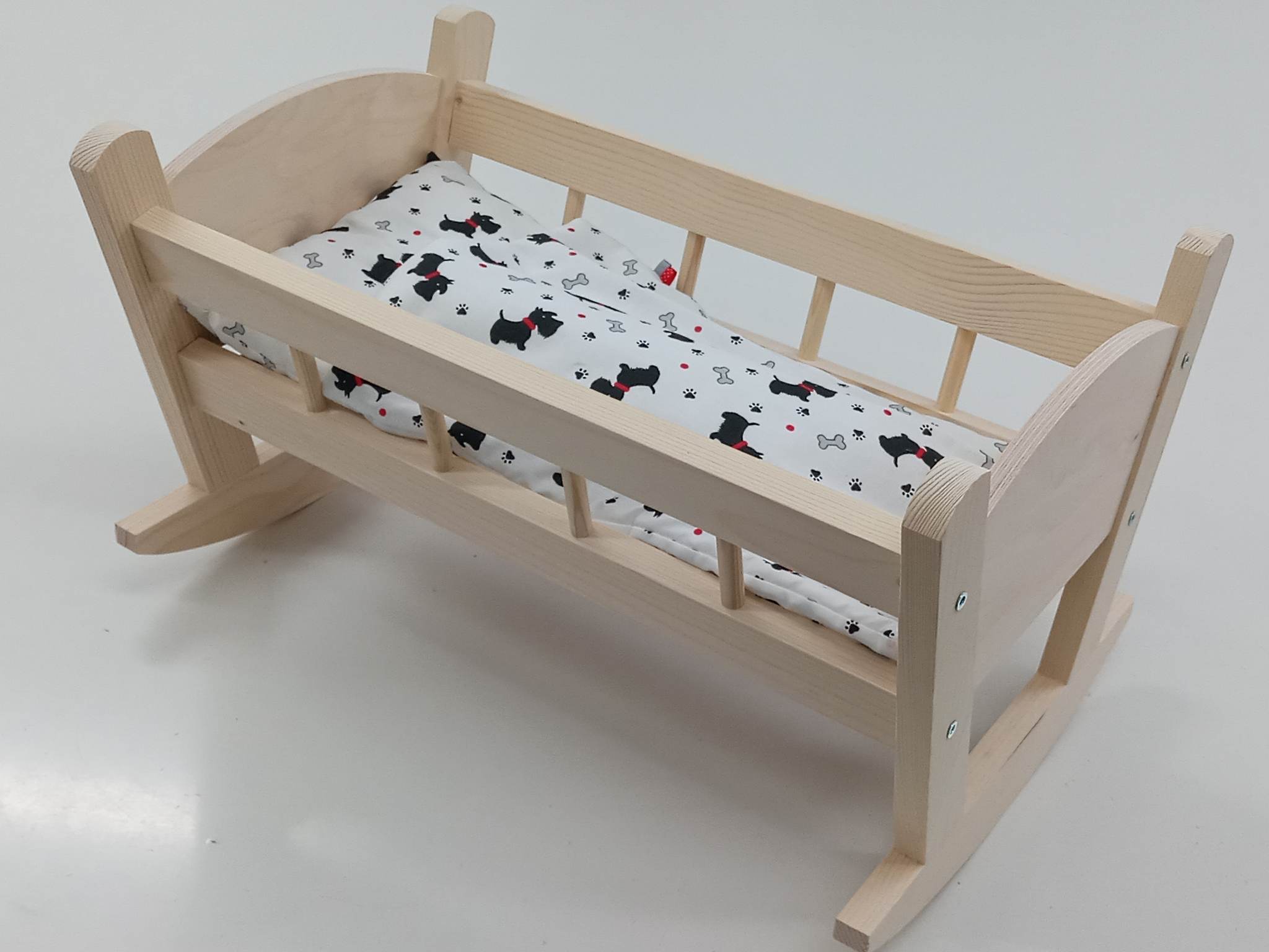 KOŁYSKA DREWNIANA dla lalek NIEMALOWANA + POŚCIEL