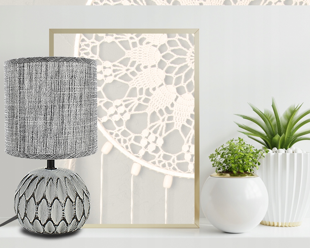 LAMPA STOŁOWA CERAMICZNA SZARA STYL BOHO 26CM Średnica/szerokość klosza 14 cm