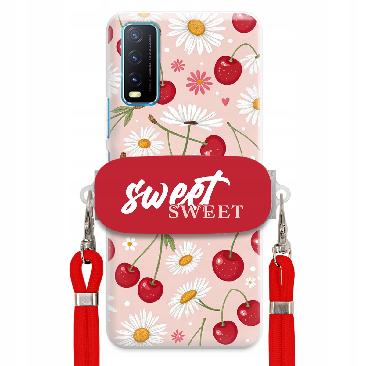 pouzdro na Vivo Y21 2021 Červené vodítko držák Crossbody Sweet Višňový Květ