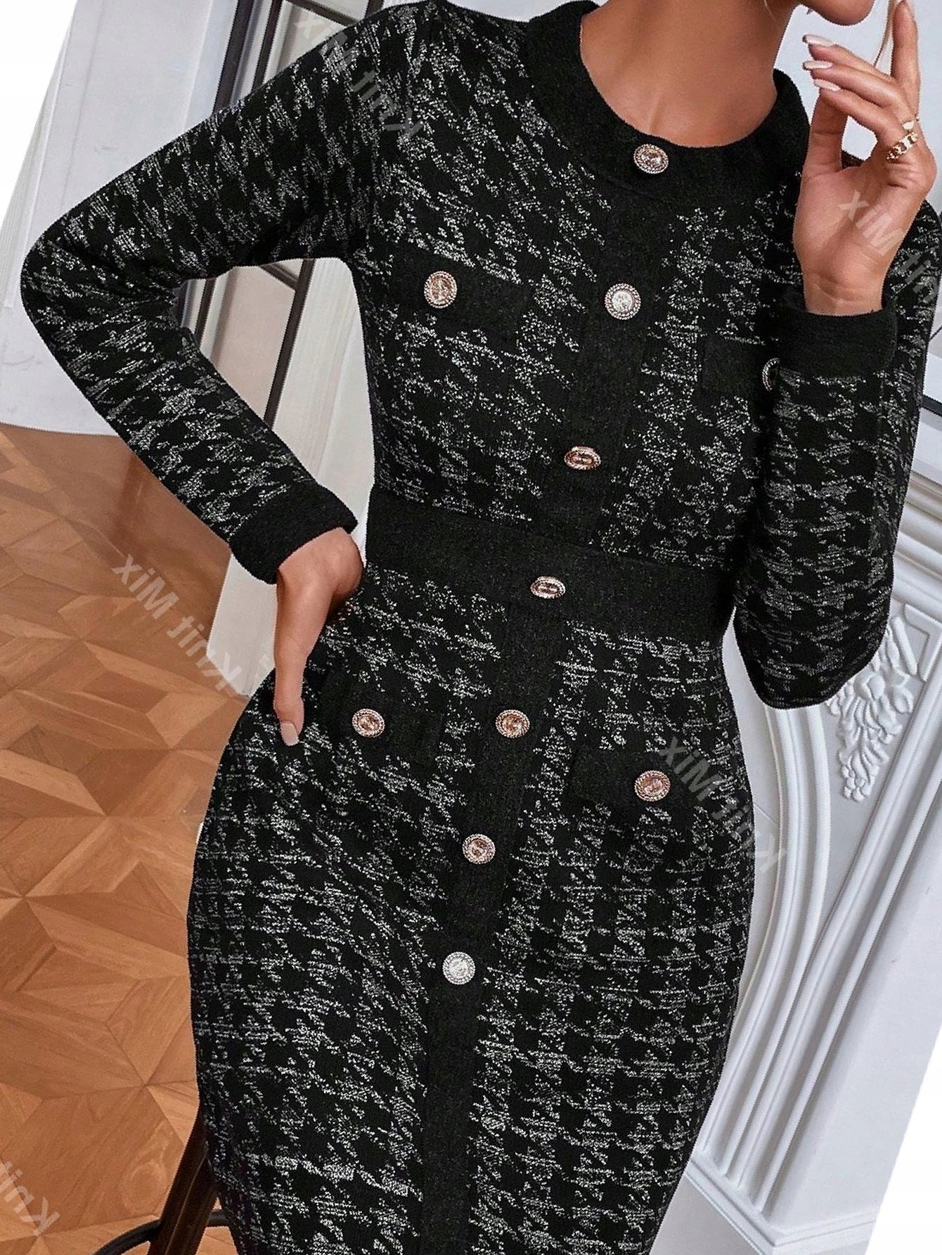 Šaty Knit Bodycon Pepitka Pletená Návštěvnická Černá Mix M 38
