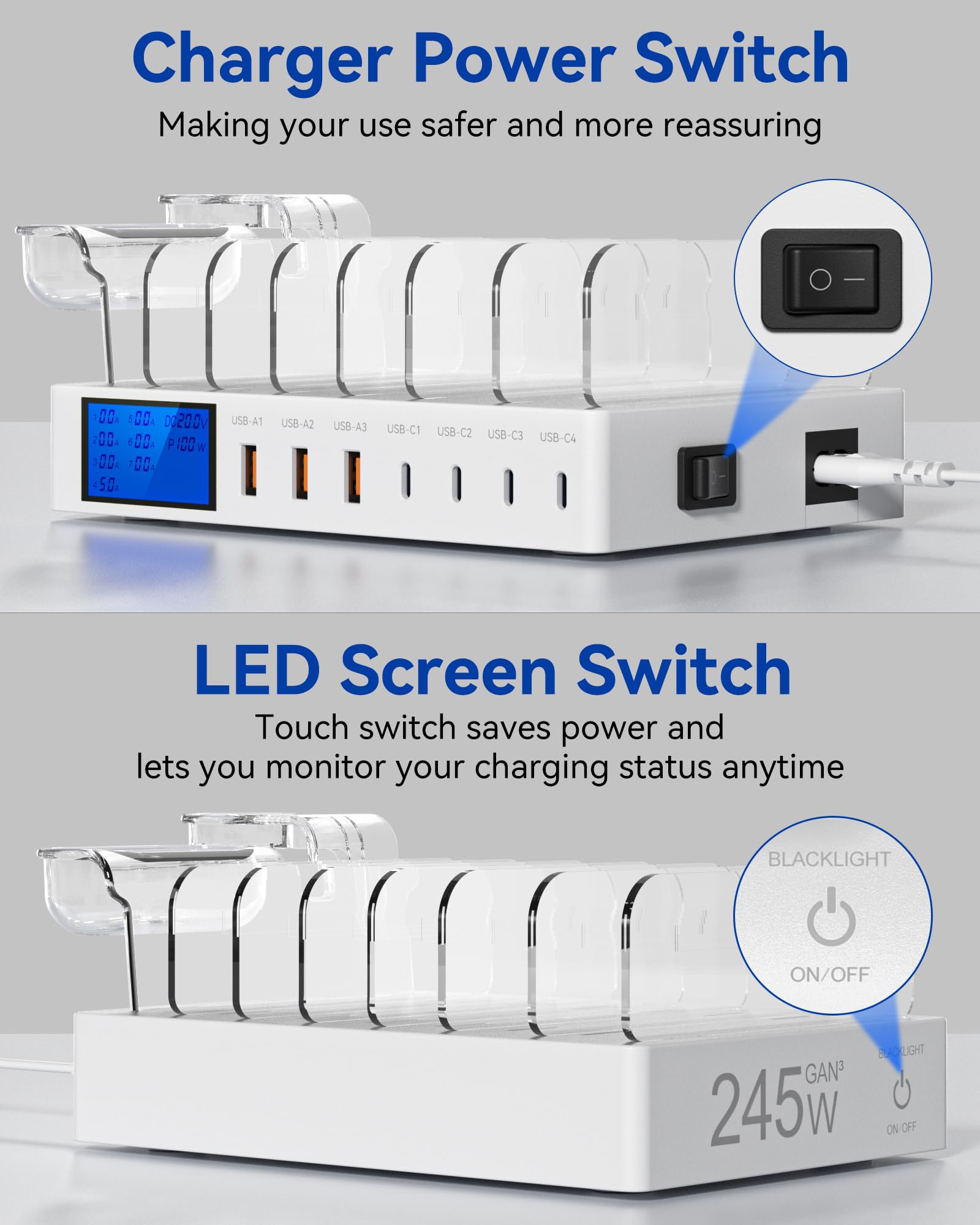 RSYDMNY Stacja Ładowania 245W 7-Port LCD USB C Szybkie Ładowanie Urządzeń — miniatura 5