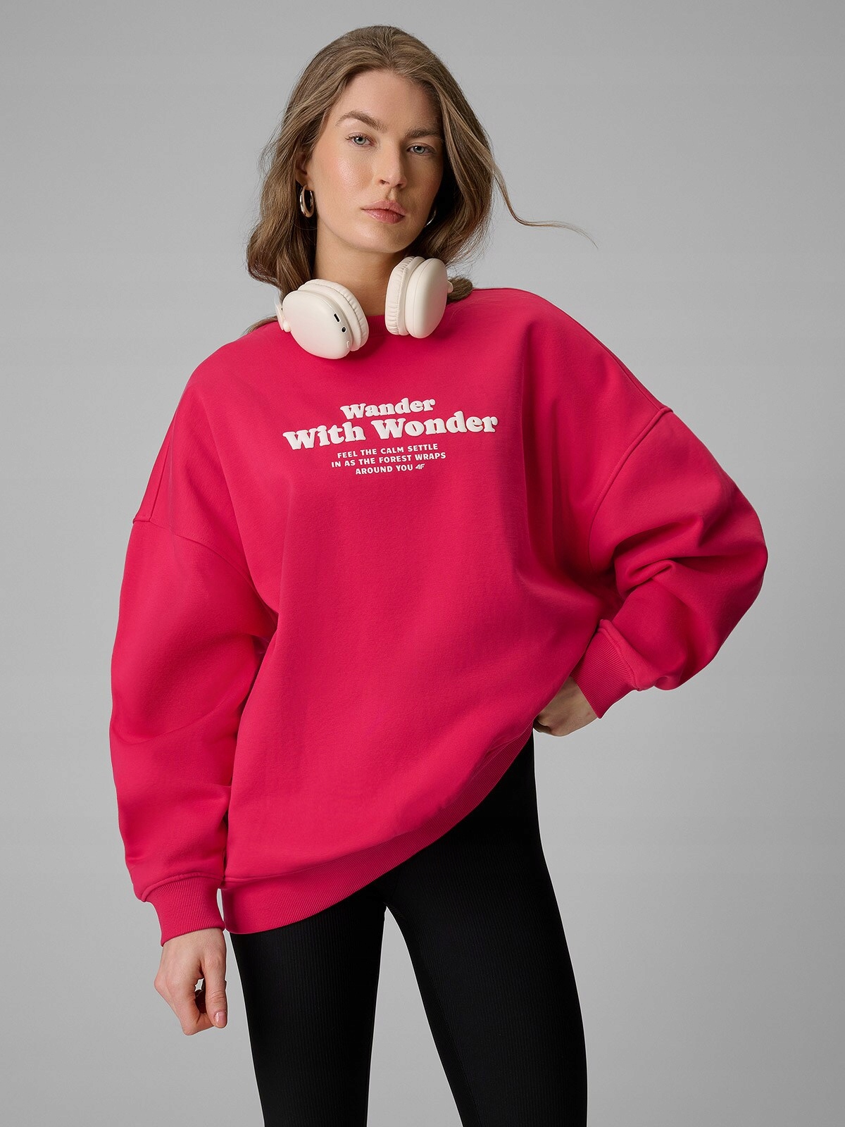 4F Mikina Dámská Růžová Oversize Teplá S Potiskem L