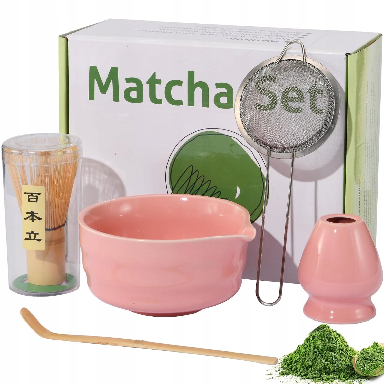 Levně 5-DÍLNÁ Sada Na Matcha Růžová Bambusová Metla Chasen, Keramika