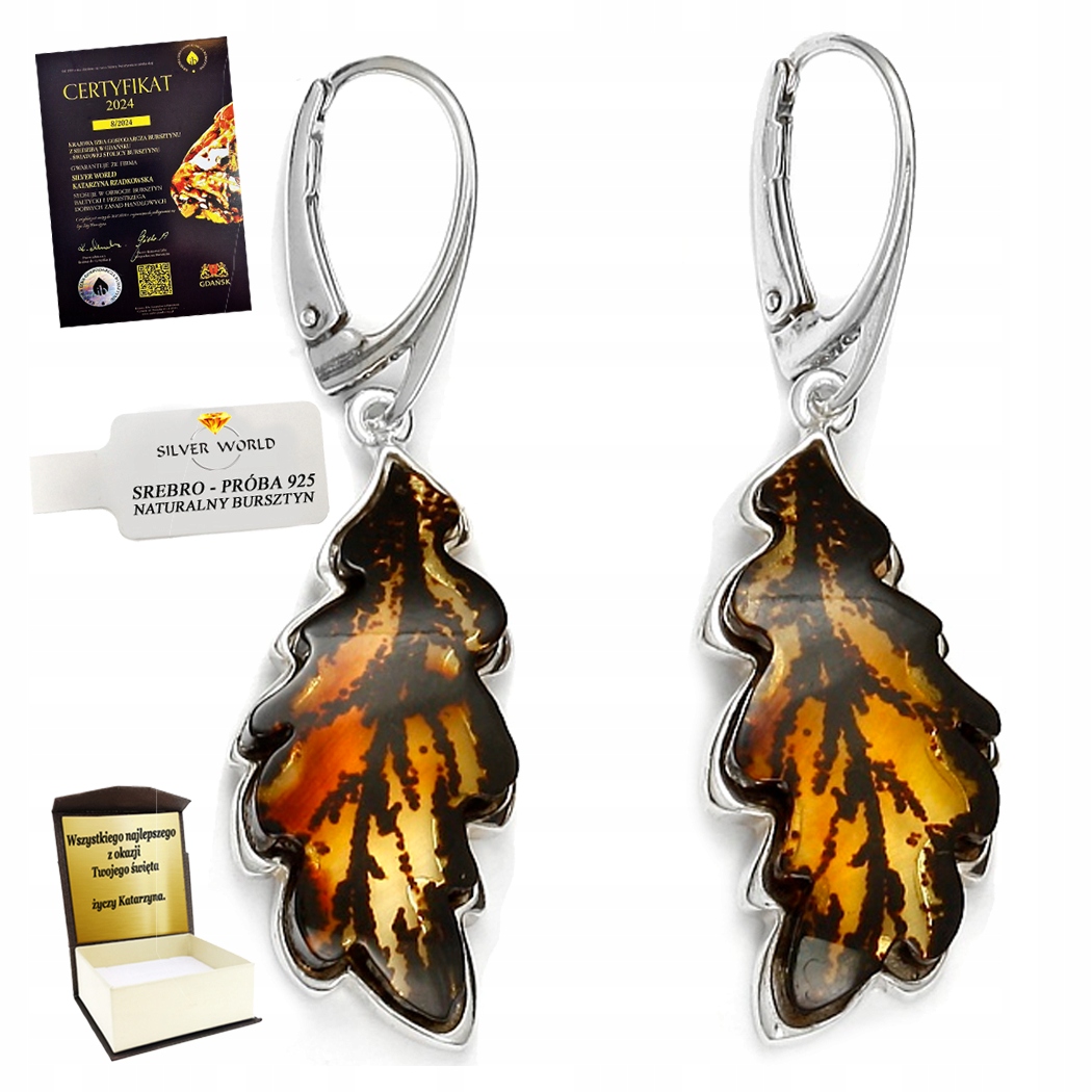 Stříbrné Náušnice S Jantarovou Zdobou, Visací, Vyřezávané, Motiv Dubového Listu Gravírování Bonus