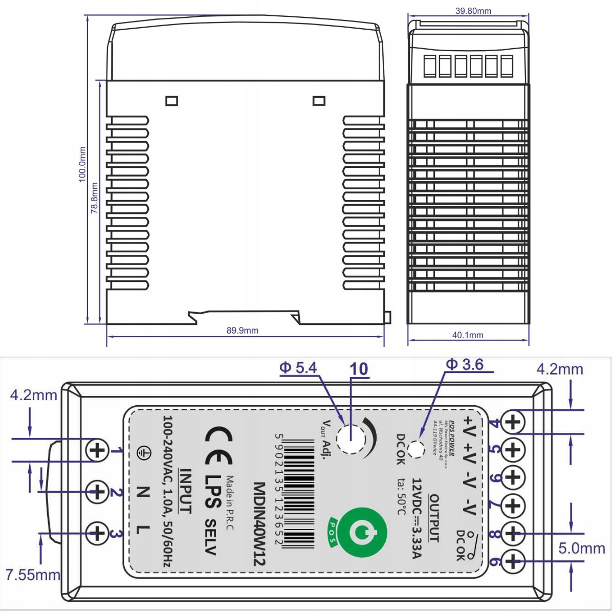ZASILACZ NA SZYNĘ DIN POS MDIN4012 40W 12V DC SLIM Marka POS
