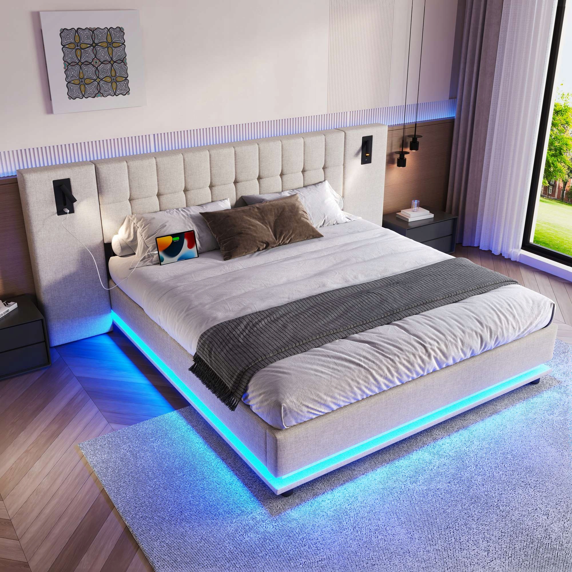 Čalouněná postel 180 x 200 cm Dvojlůžko Usb Led Povlečení, béžová