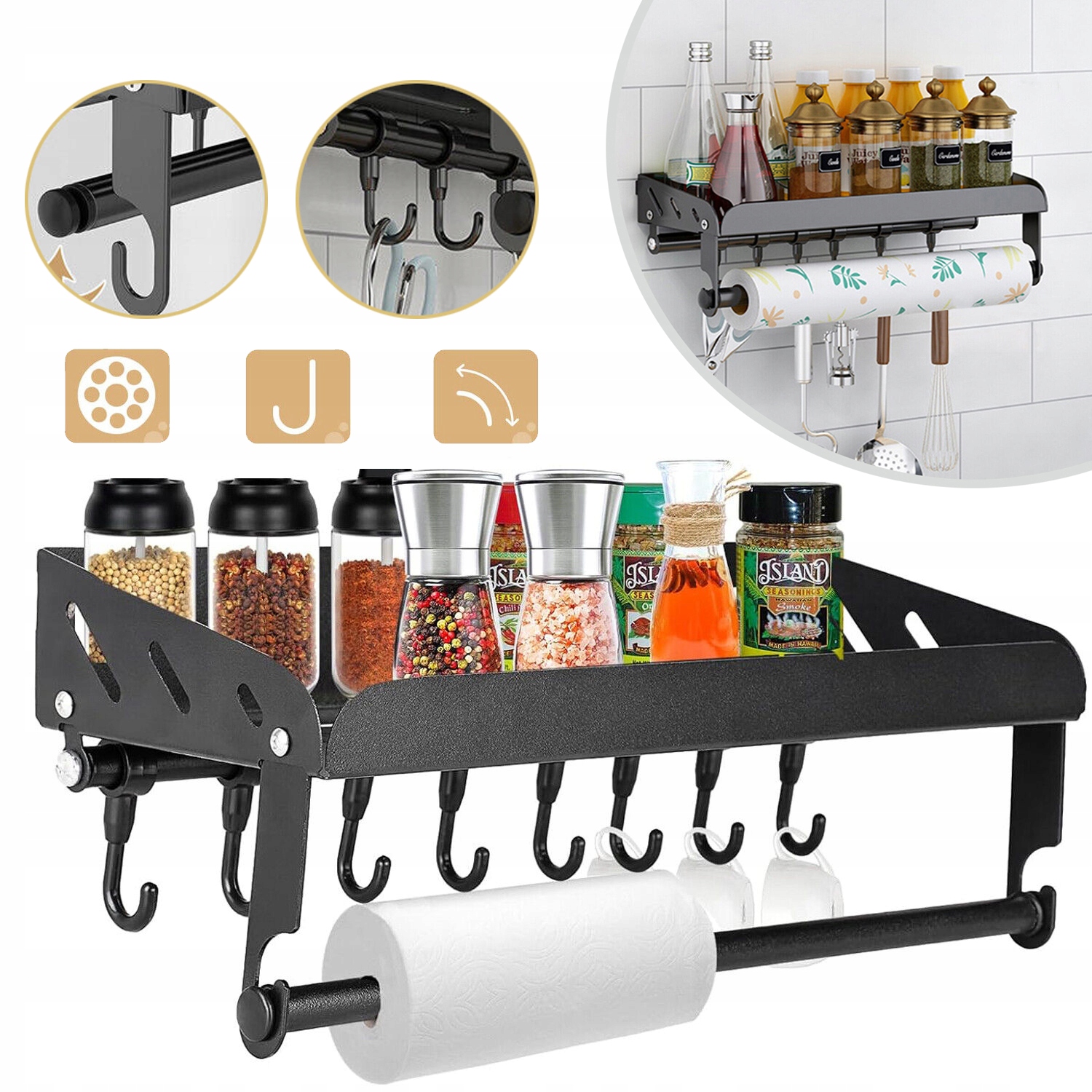 REGAŁ NA PRZYPRAWY DO ŁAZIENKI I KUCHNI, Z UCHWYTEM NA RĘCZNIKI 8 HACZYKAMI