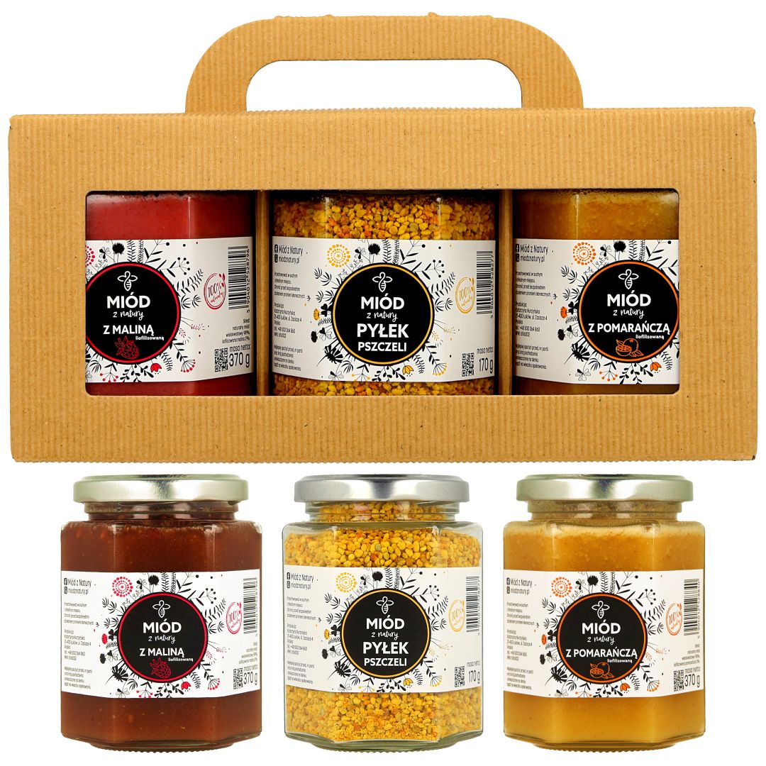 Levně Dárková sada s včelím pylem a dvěma ochucenými medy 3x280 ml
