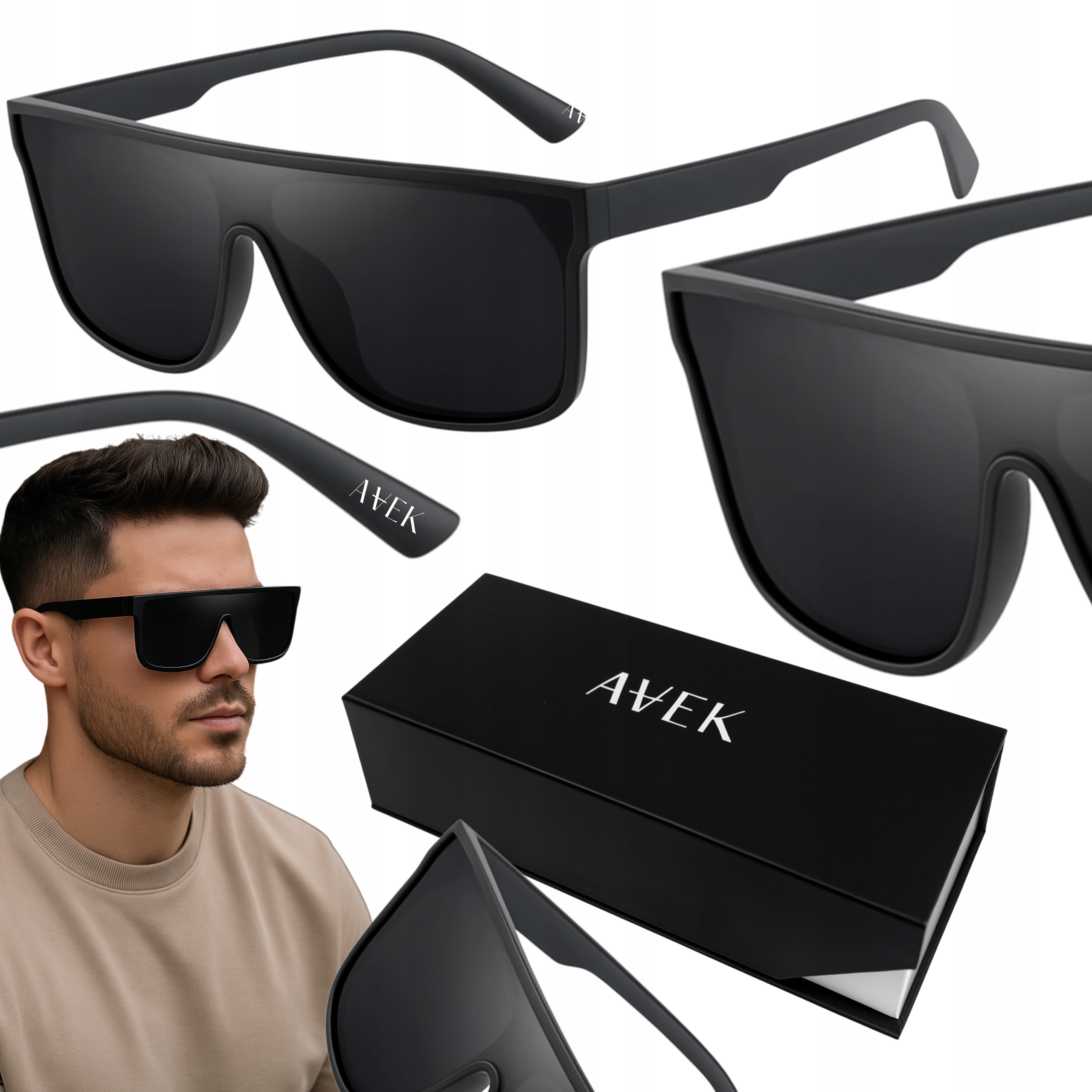 Okulary Przeciwsłoneczne Męskie UV400 Filtr Uv 400 Czarne Etui Ce Oversize