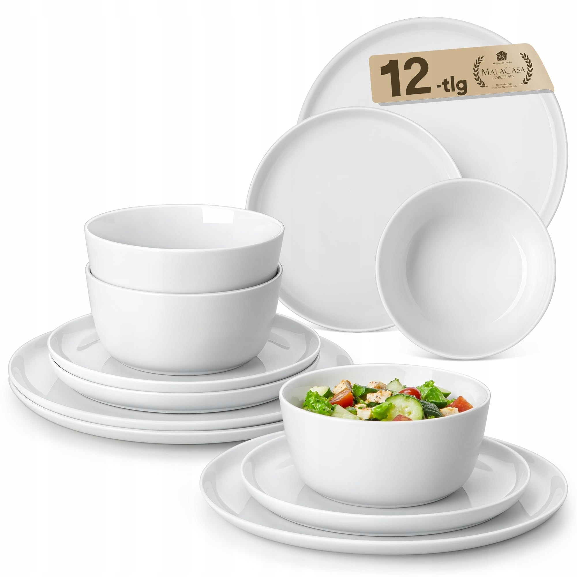 Malacasa 12-dílná porcelánová sada nádobí pro 4 osoby, bílá