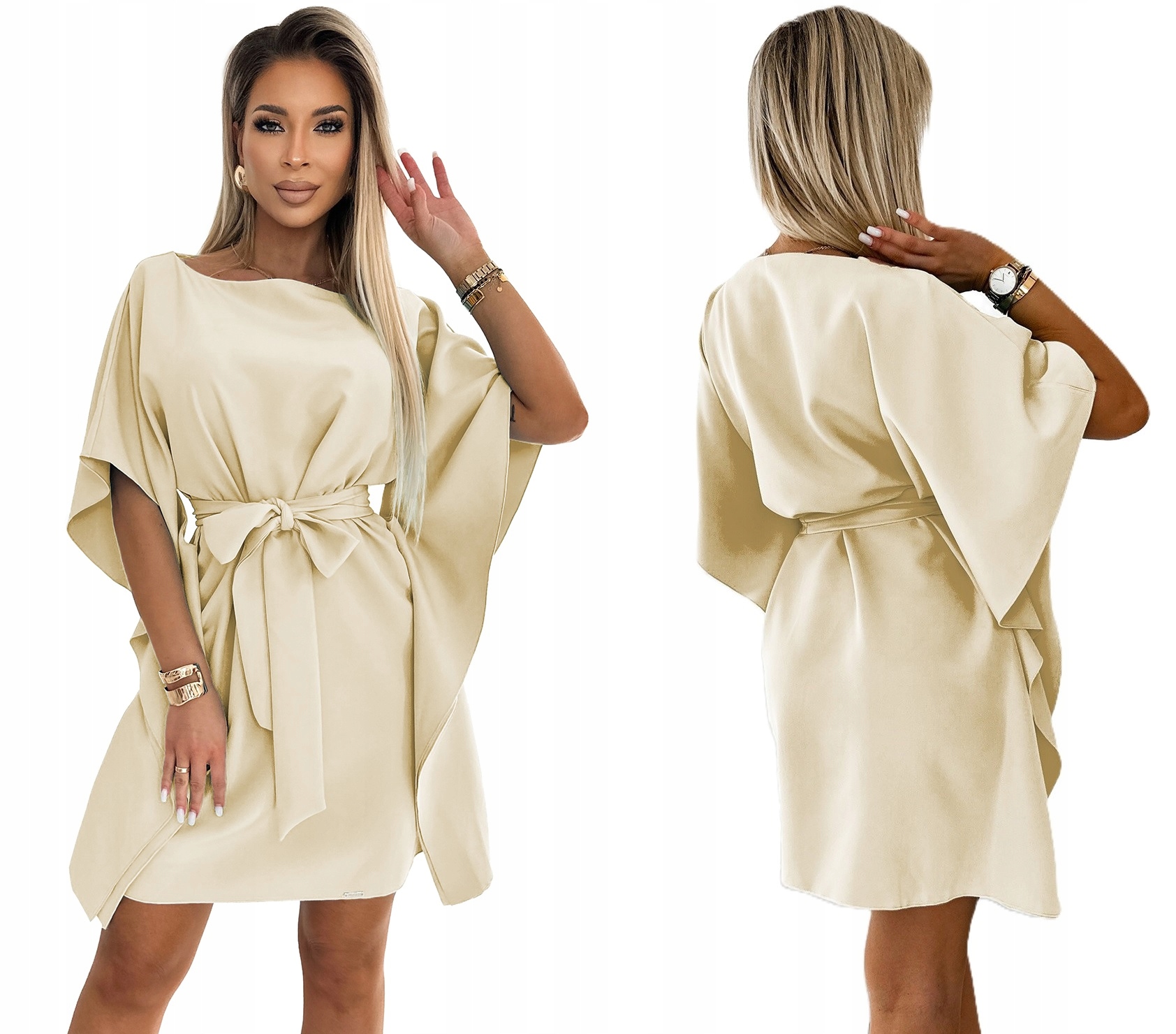 Volné Zavazovací Šaty Motýl Asymetrické Rukávy Béžová 2XL/3XL