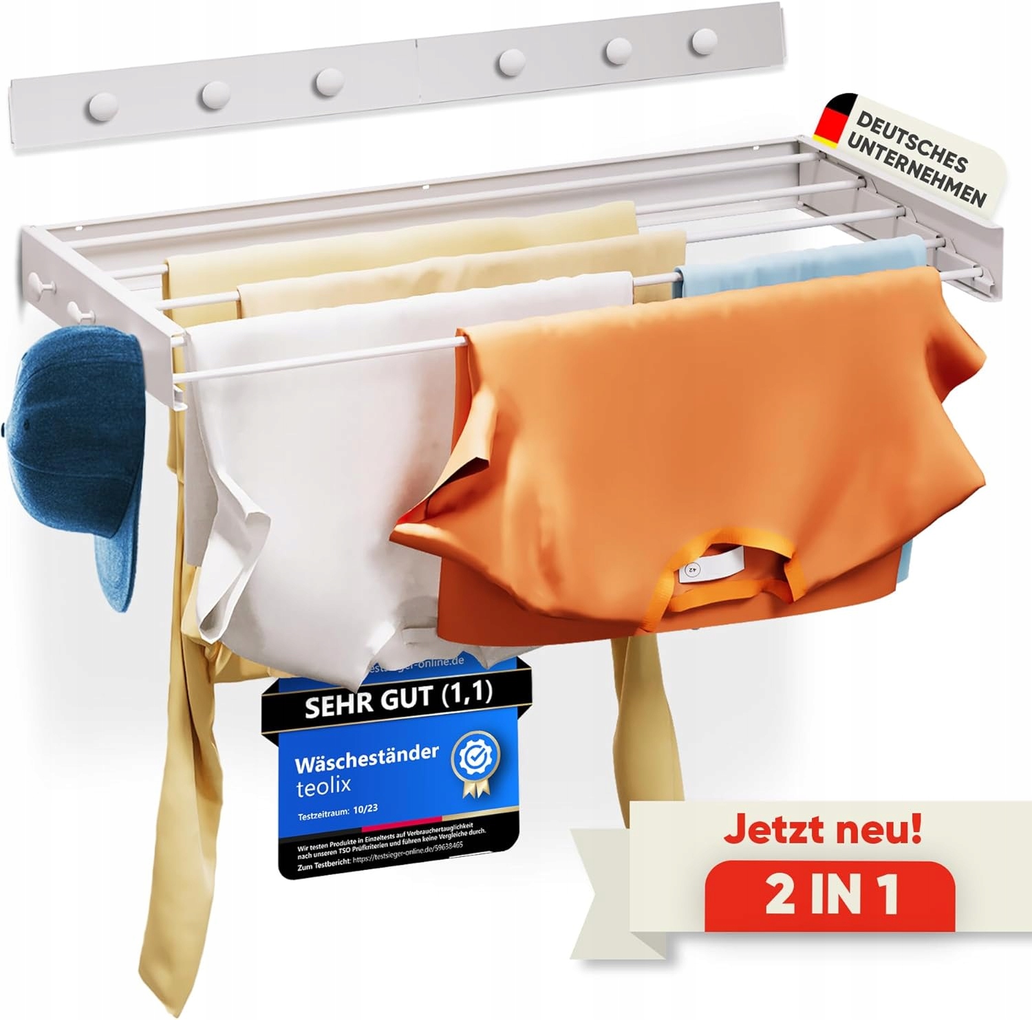 Teolix sušák na prádlo 2v1 výsuvný s háčky, bílý, 100 cm