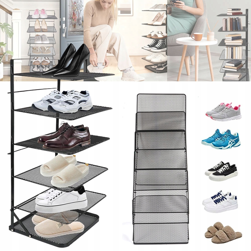 kovový stojan na boty, černý, vertikální, 6 úrovní, šetří místo