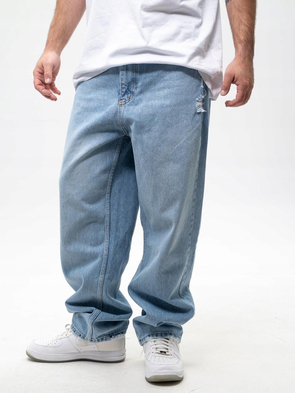 Pánské Džíny Baggy S Dírami Široké Modré Denim 32