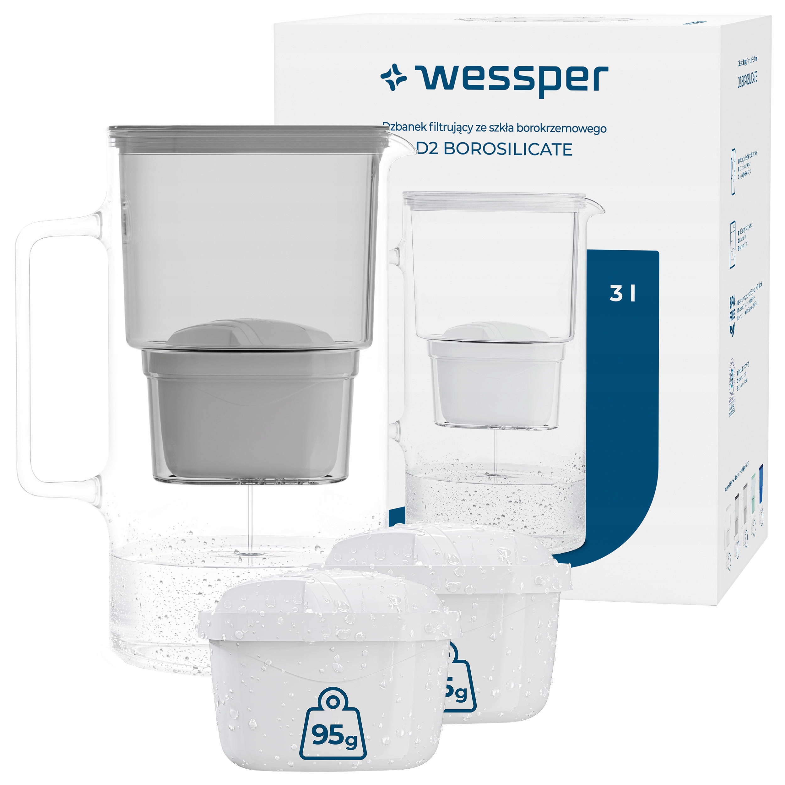 Dzbanek filtrujący szklany Wessper D2 Borosilicate 3l szary 3x filtr