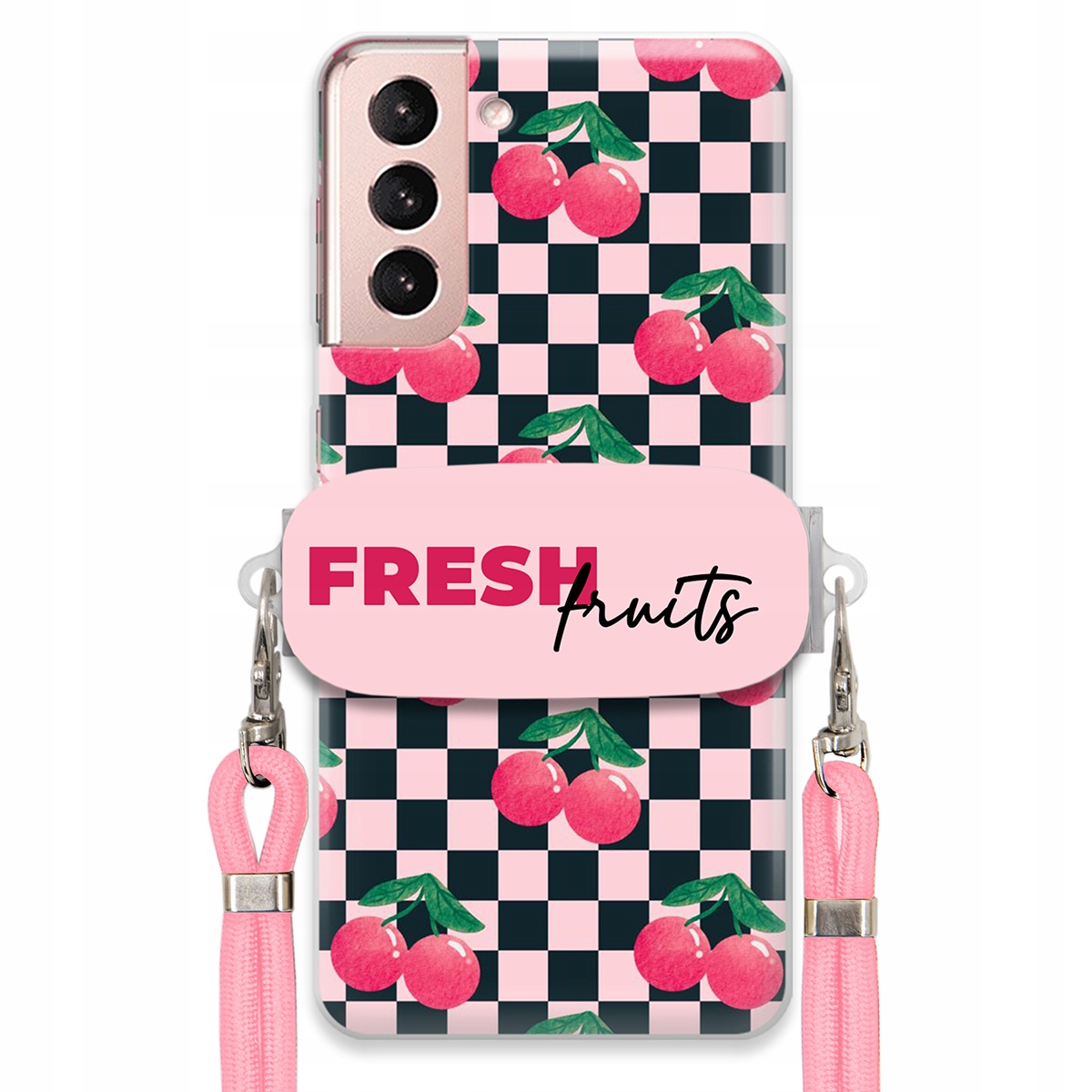 Puzdro pre Samsung S21 Vodítko Pink Crossbody Šachovnicový držiak Fresh Fruits
