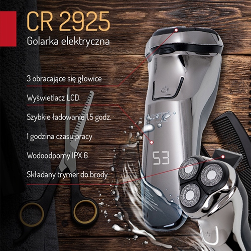 Golarka Elektryczna CR 2925 3 Głowice Szybkie Ładowanie IPX6