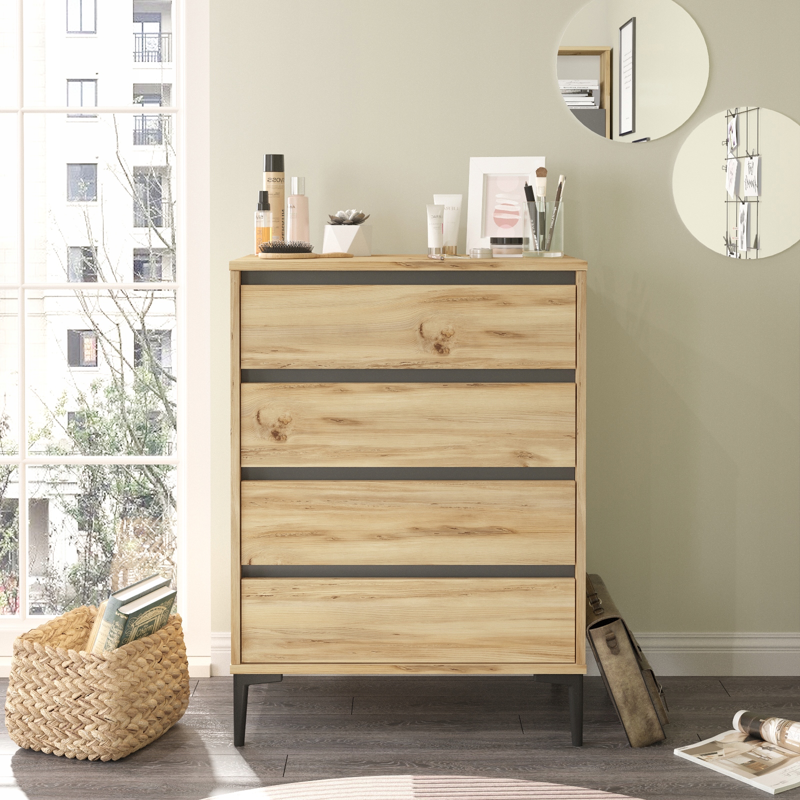 Komoda Houseland Niko dub Wotan/antracitová šedá