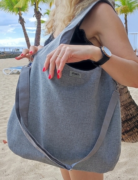 Velká šedá pletená kabelka XXL, přes rameno, na pláž, na léto, jako taška