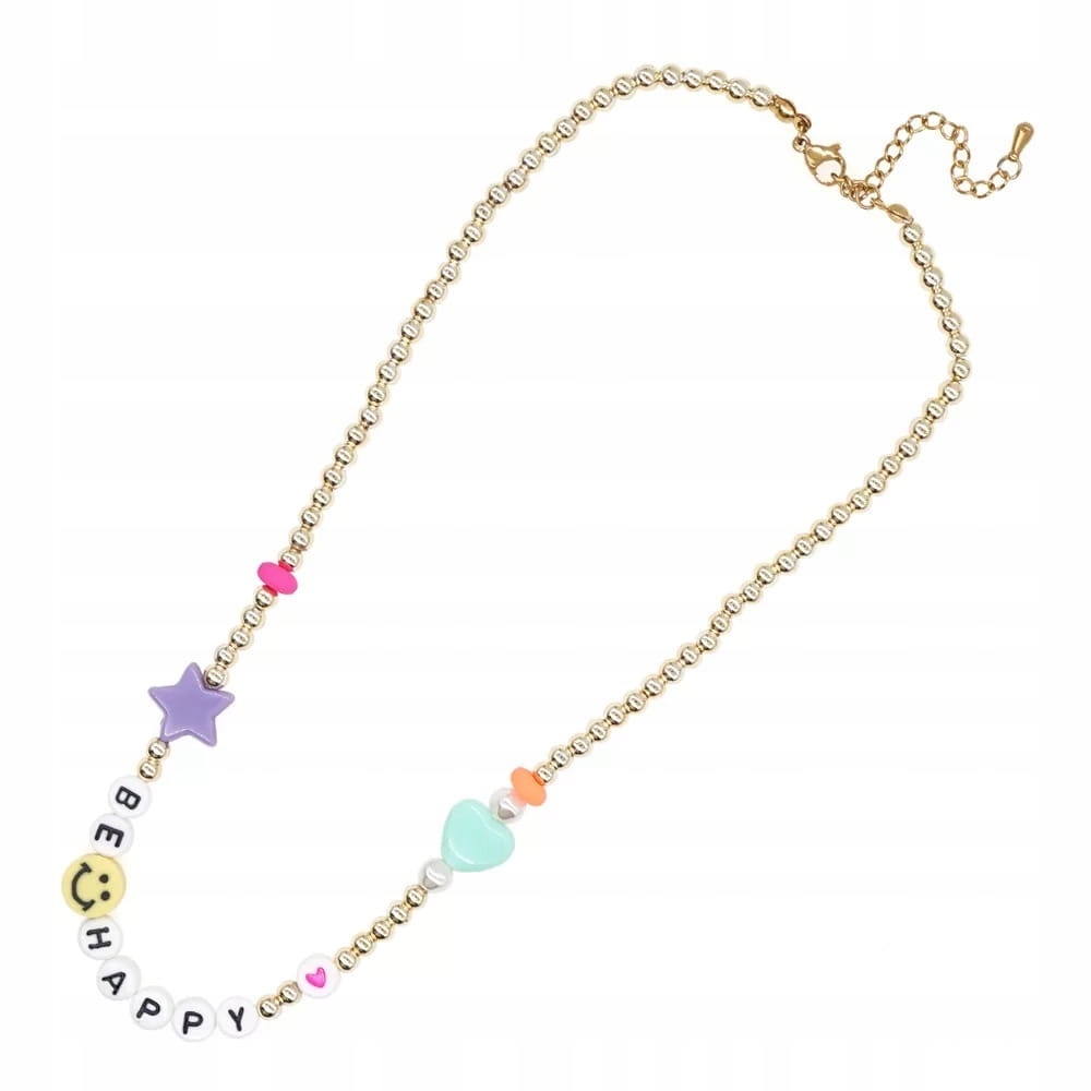 

Naszyjnik łańcuszek stalowy tęczowy napis koraliki