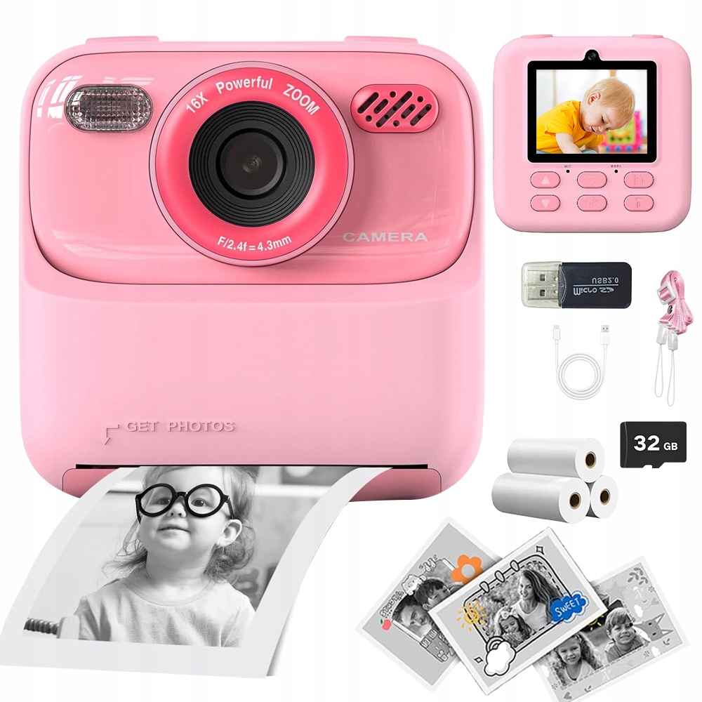 Dětský Fotoaparát Tiskárna Paměť 32 Gb Velký Displej Fotorámeček MP3 Filmy