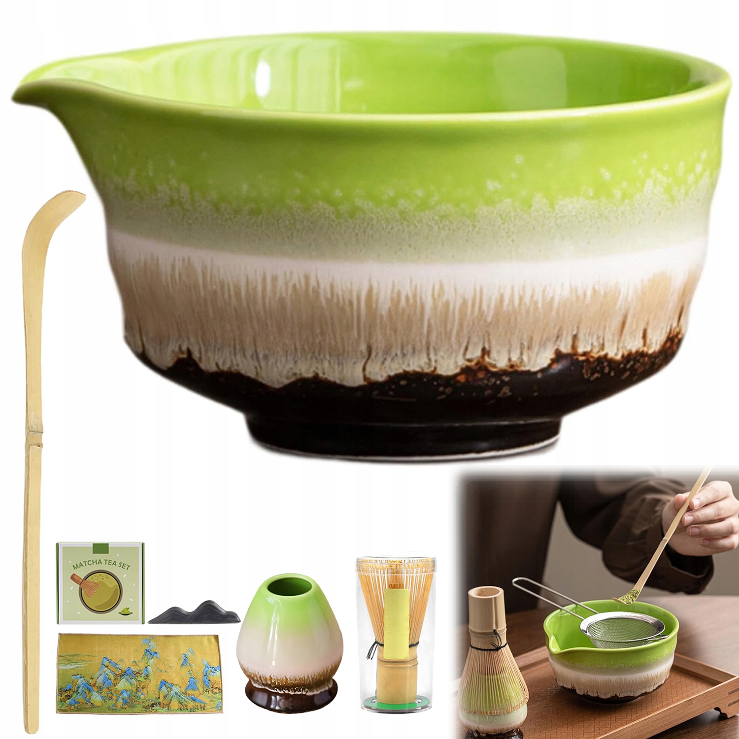 Tradiční sada Matcha Keramická bambusová mísa s metličkou a Akcesoria