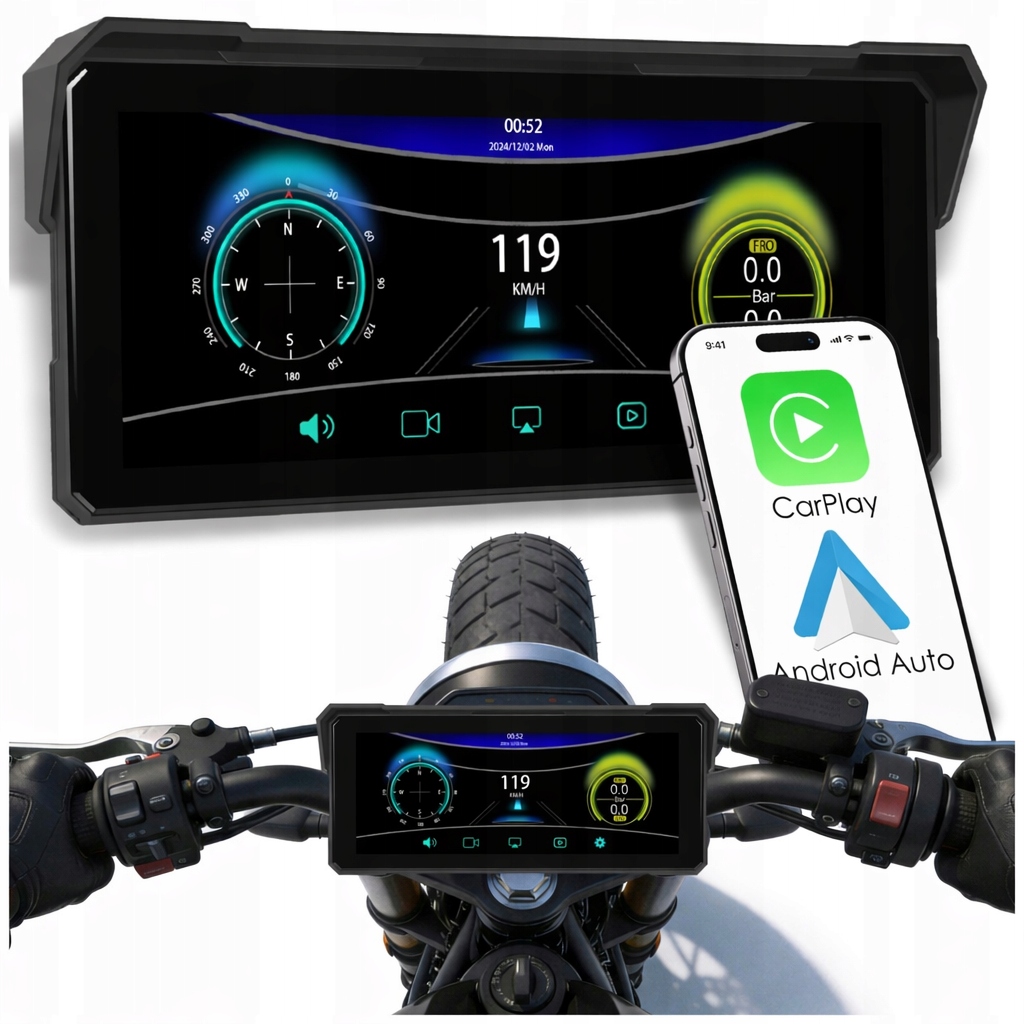 Motocyklová Stanice Android 15 2GB/32GB Navigace Carplay Android Auto 8.1"