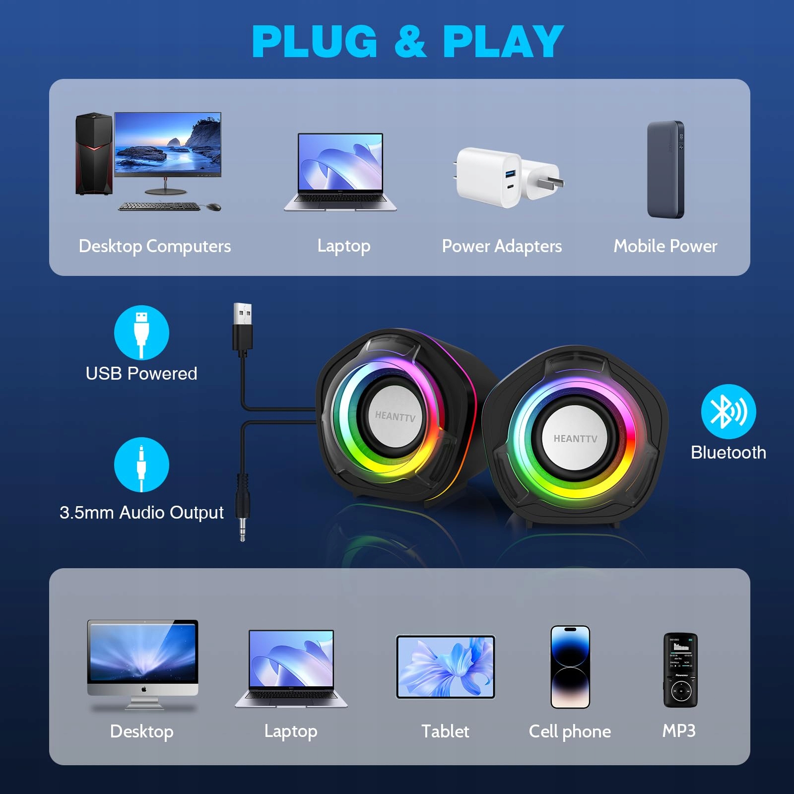 HEANTTV Głośniki Komputerowe Mini Stereo 6W USB 35mm AUX PC Laptop Czarne — miniatura 6