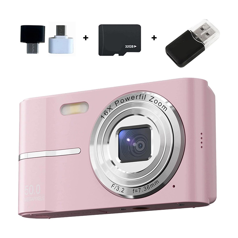 Mini Digitální Fotoaparát Hd 44MP 16X Zoomem Růžový 64GB Antishake