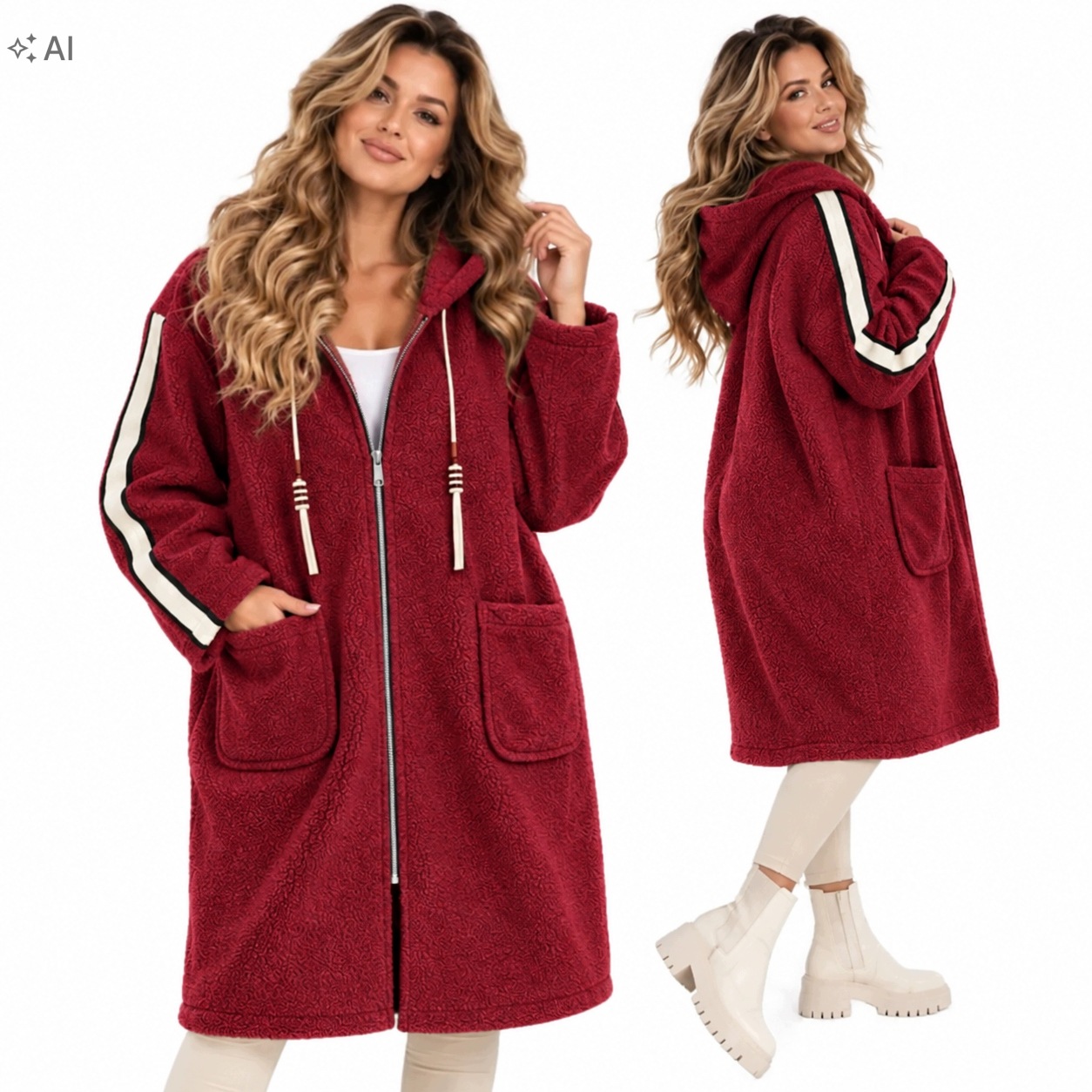 5939 Dámský kabát s lampasem Kapuce Bukla Zip měkký 54 56 7XL 8XL