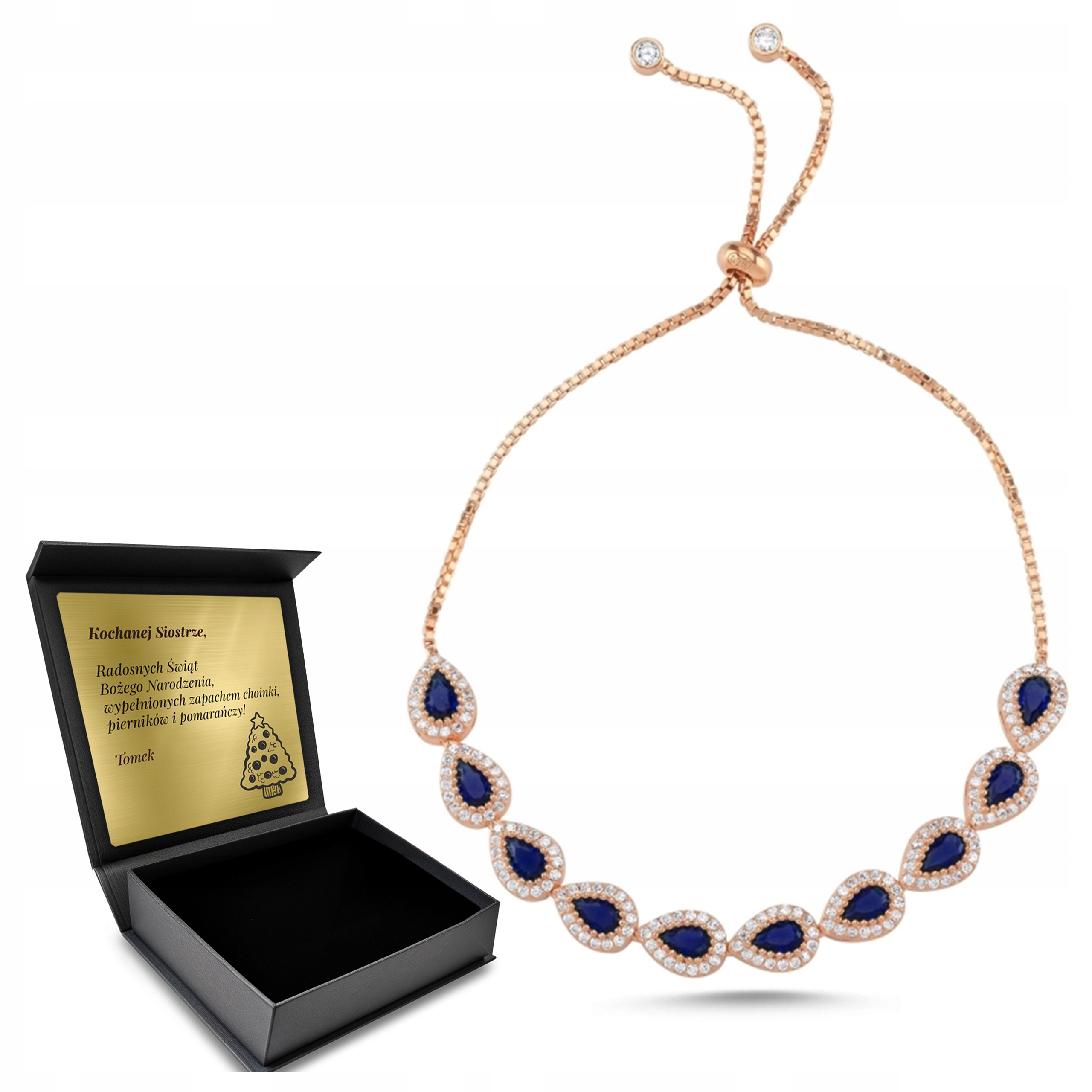 Stříbrný zlatý náramek s tureckým safírem ve tvaru slzy a kubickými zirkony, Gravírování Bonus