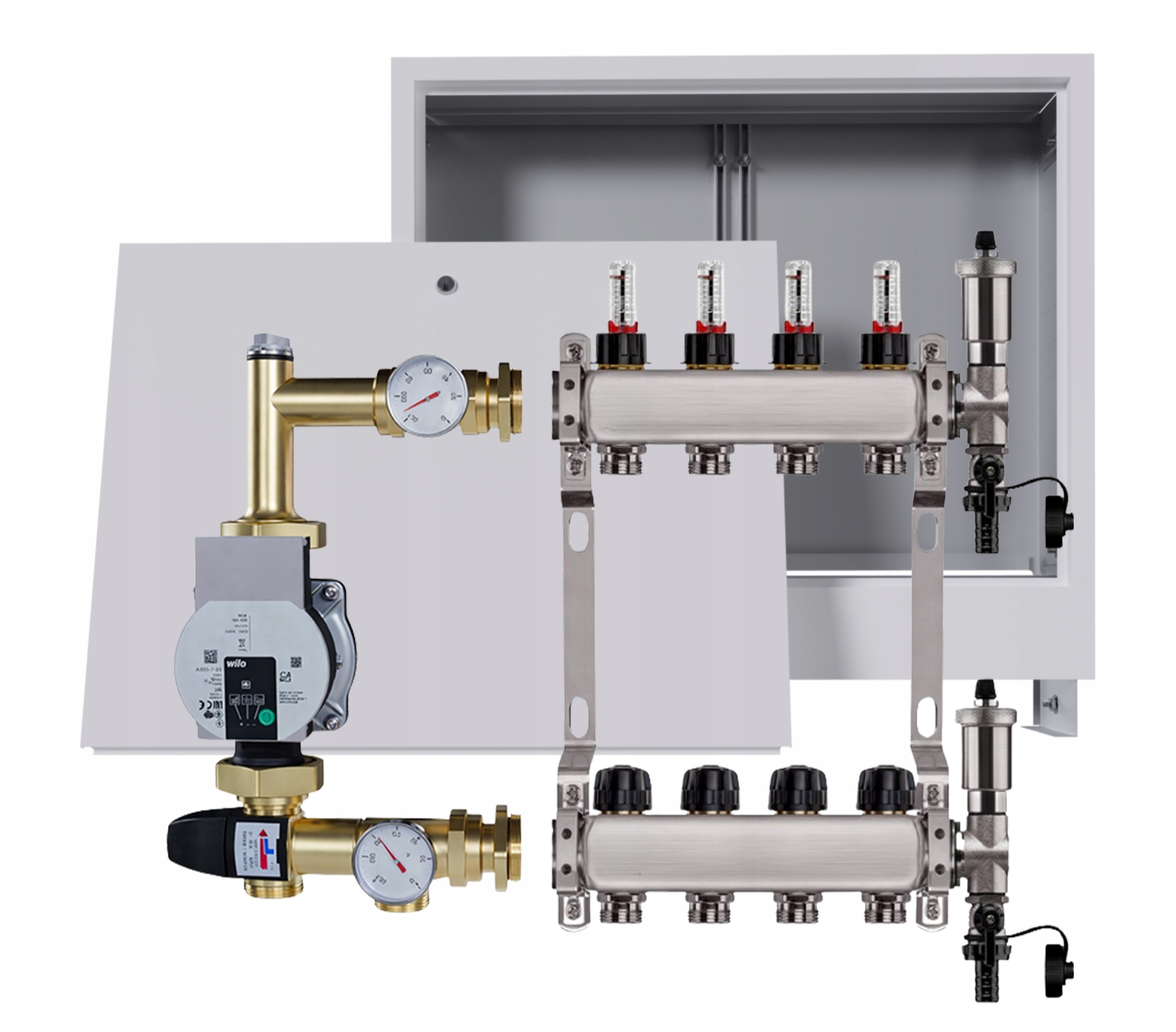 Nerezový rozdělovač pro podlahovku 4 s podomítkovou schránkou Pumpa Wilo