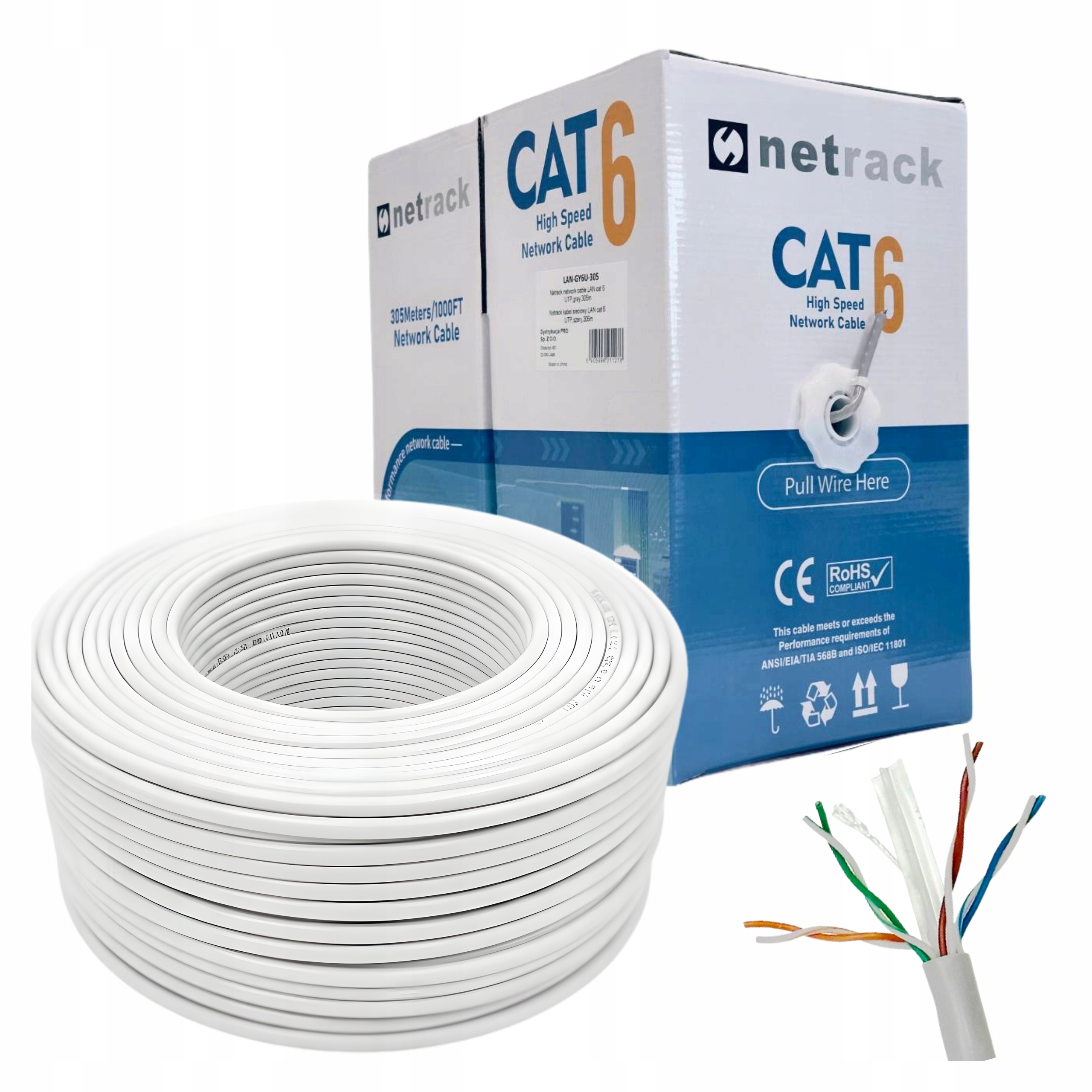 Сетевой кабель LAN Cat. 6 UTP, 305M, CCA, Netrack, серый