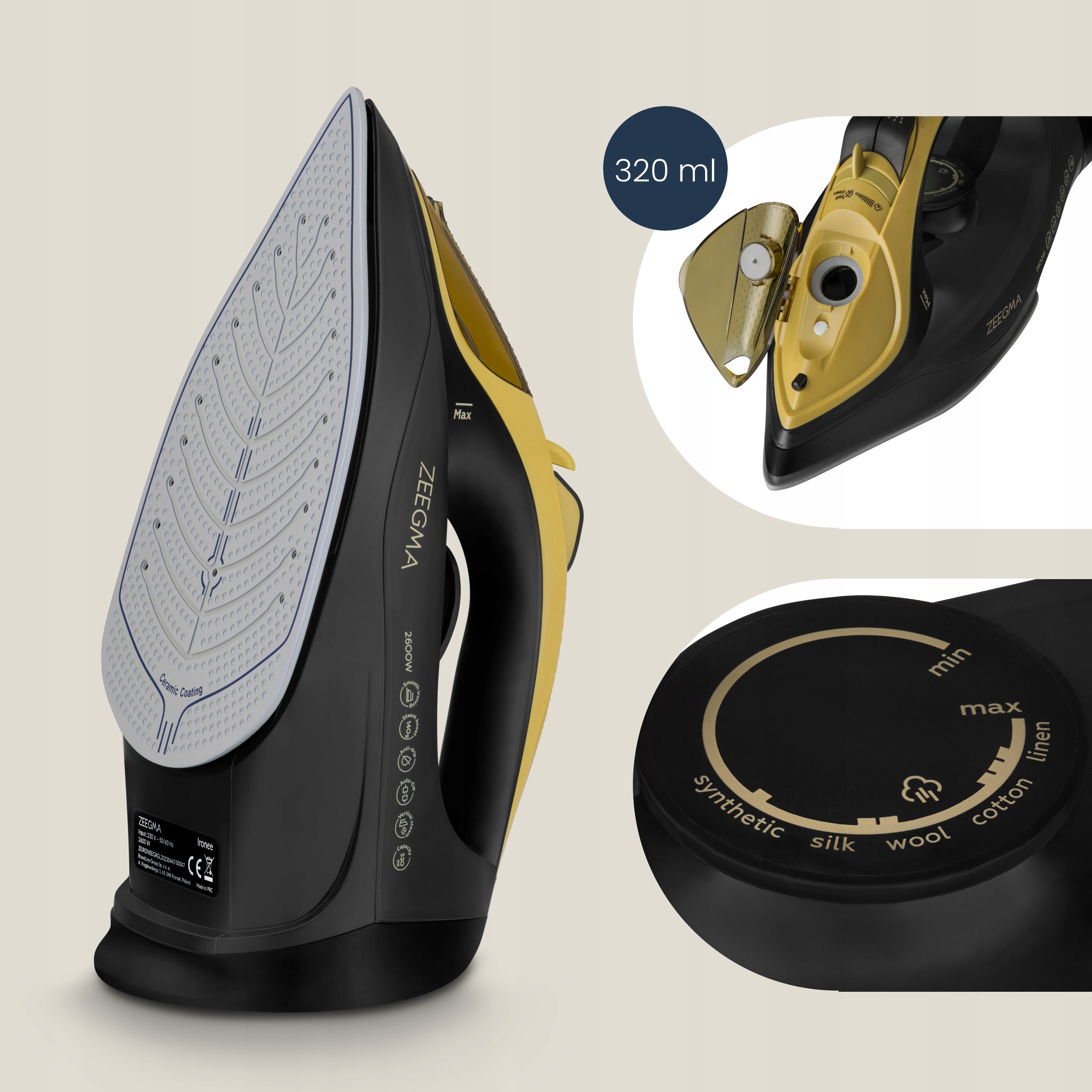 ŻELAZKO BEZPRZEWODOWE PAROWE CERAMICZNA POWŁOKA MOC 2600W STRAŻAK PROMOCJA Model ZE-IRONEE BLACK