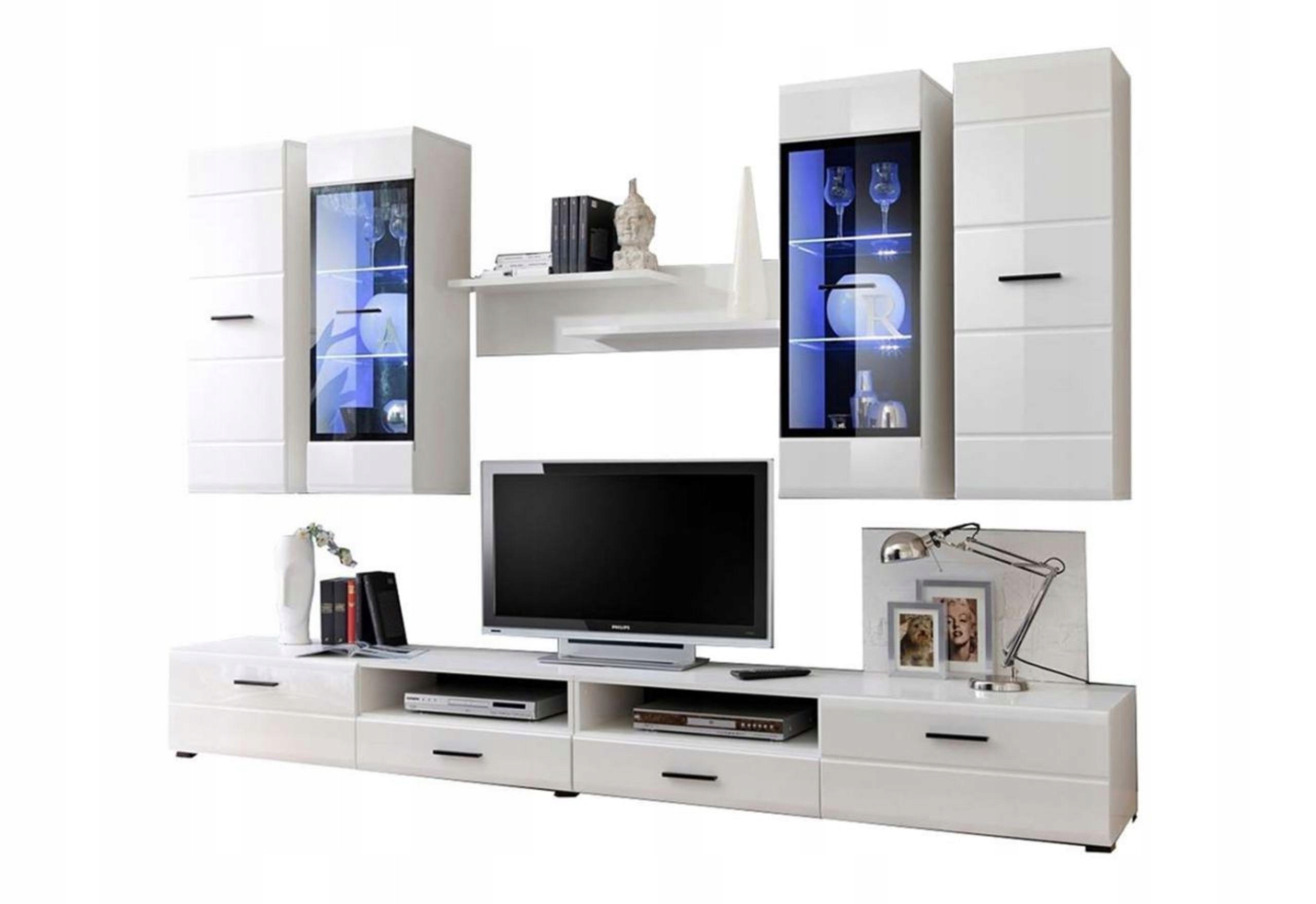 Obývacia Stena Laur Mdf biely lesk 280 cm Rtv skrinka polička závesná Led polička