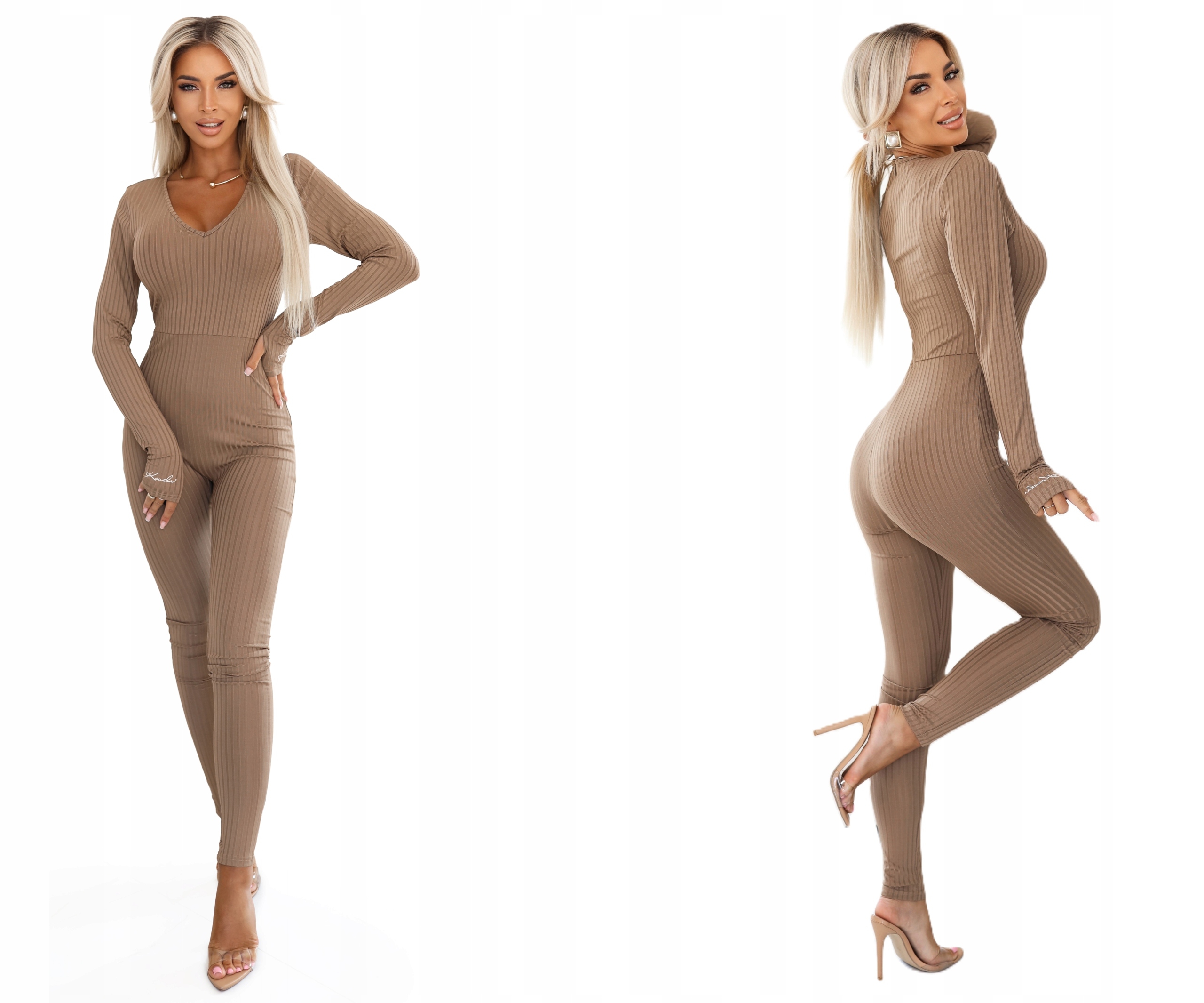 Pohodlná Dlouhá Elastická Kombinéza S Pruhy, Přiléhavá, Mocha Mousse M
