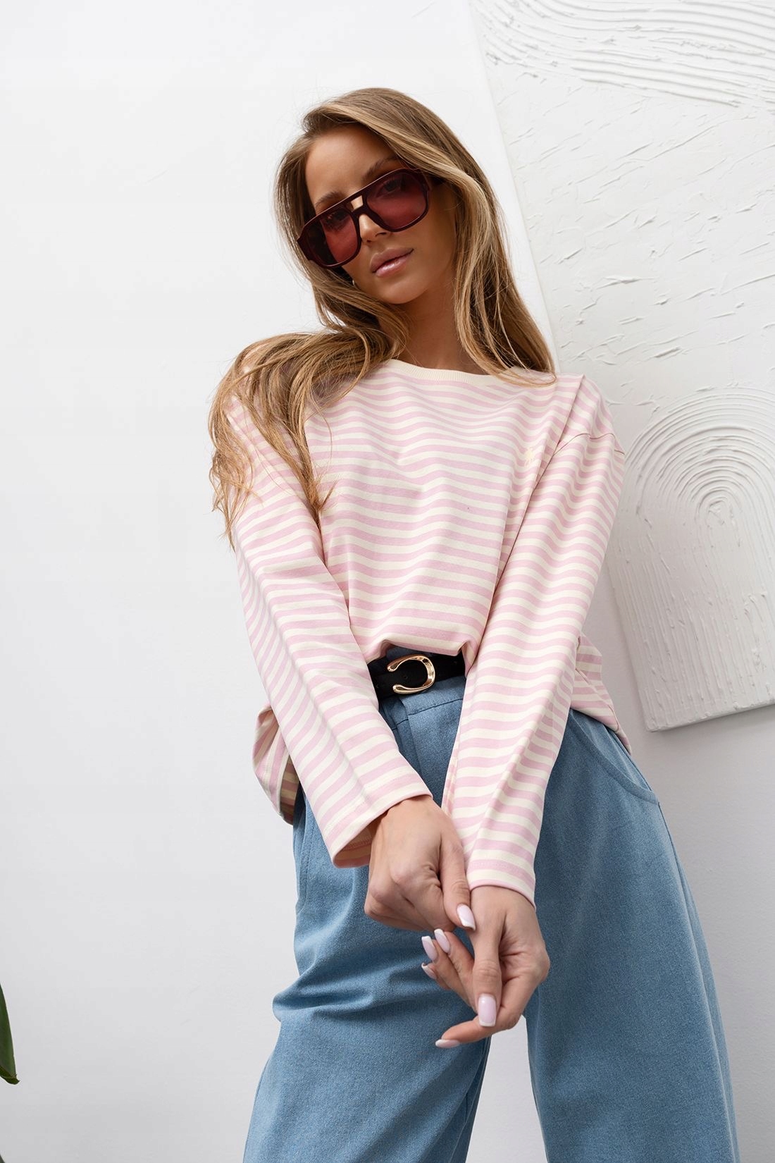 Dámská klasická longsleeveová halenka s proužky, Růžová