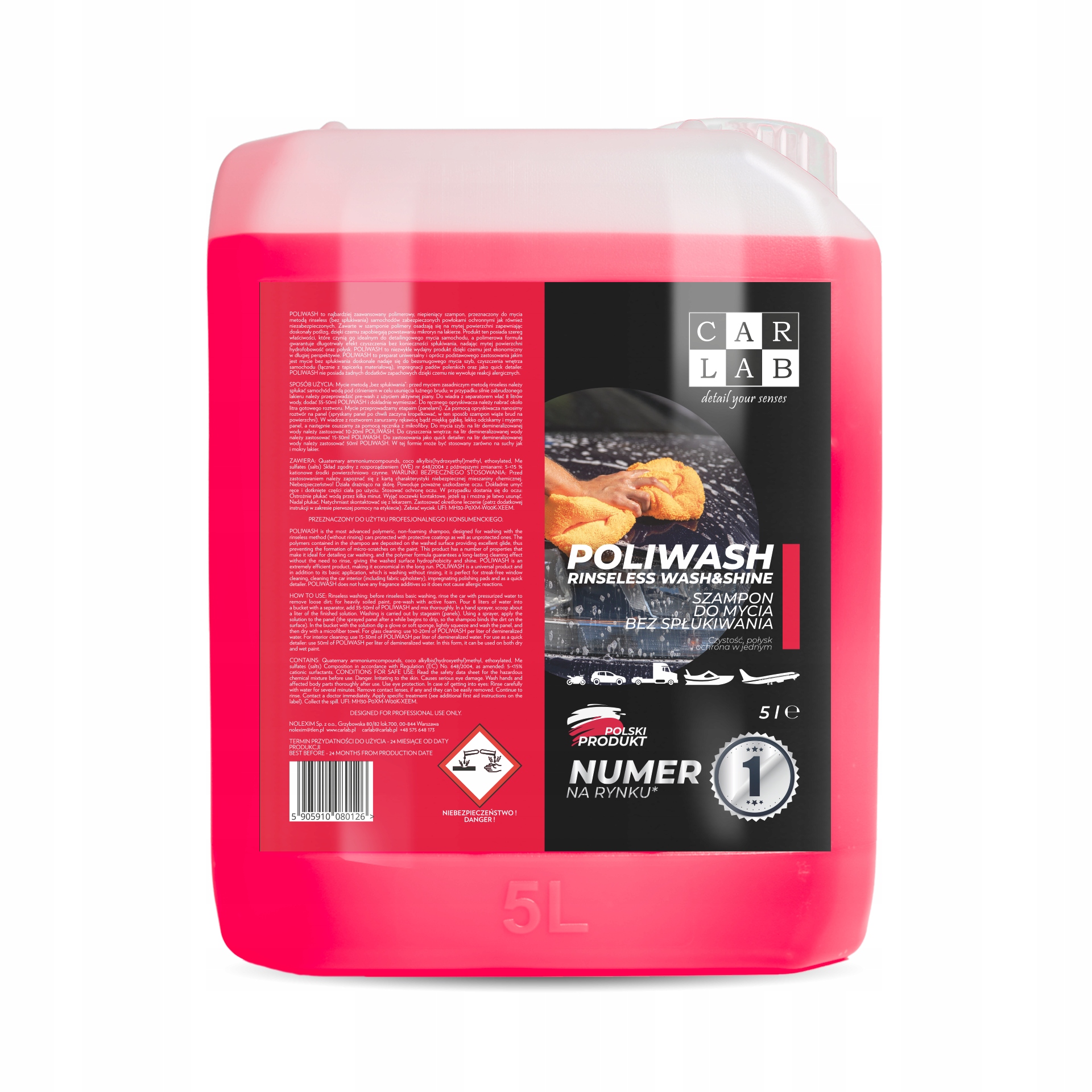 CARLAB POLIWASH RED 5L polimerowy szampon bez spłukiwania, rinseless