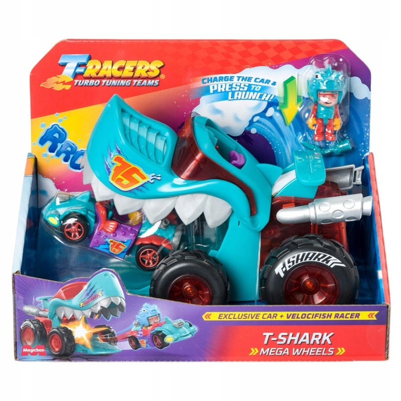 T-RACERS T-SHARK MEGA WHEELS REKIN WYRZUTNIA SAMOCHODÓW + AUTKO I KIEROWCA Marka Magicbox