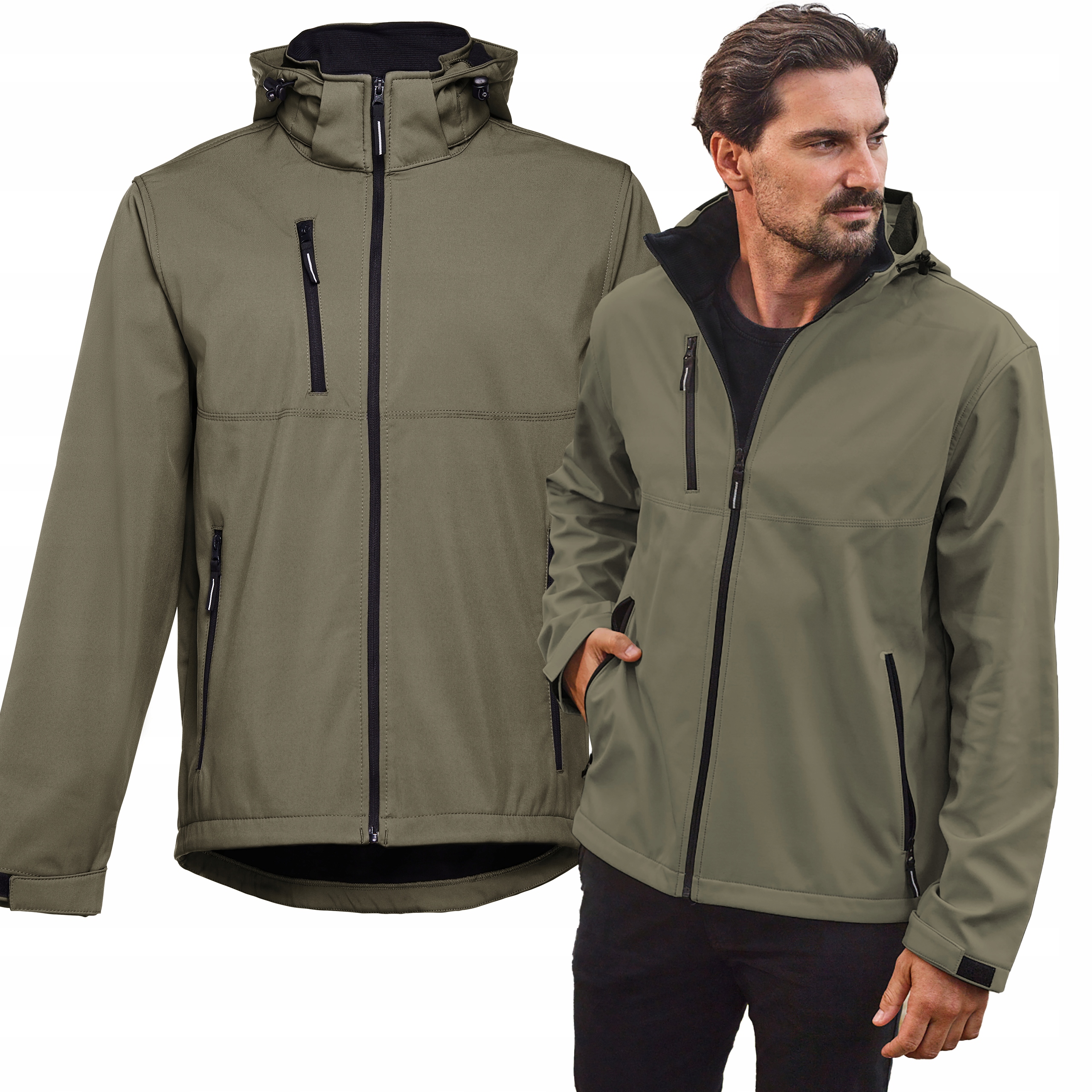 Protidešťová bunda Softshell pánská s fleecem odnímatelná kapuce vojenská S