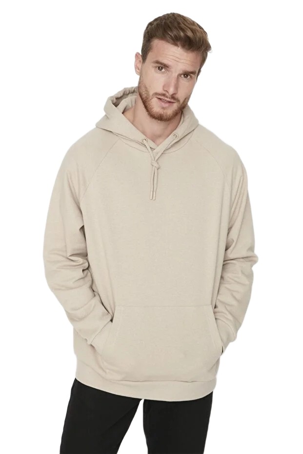 Trendyol Man Pánská Mikina S Kapucí Béžová S Klokaní Kapsou S 5_A