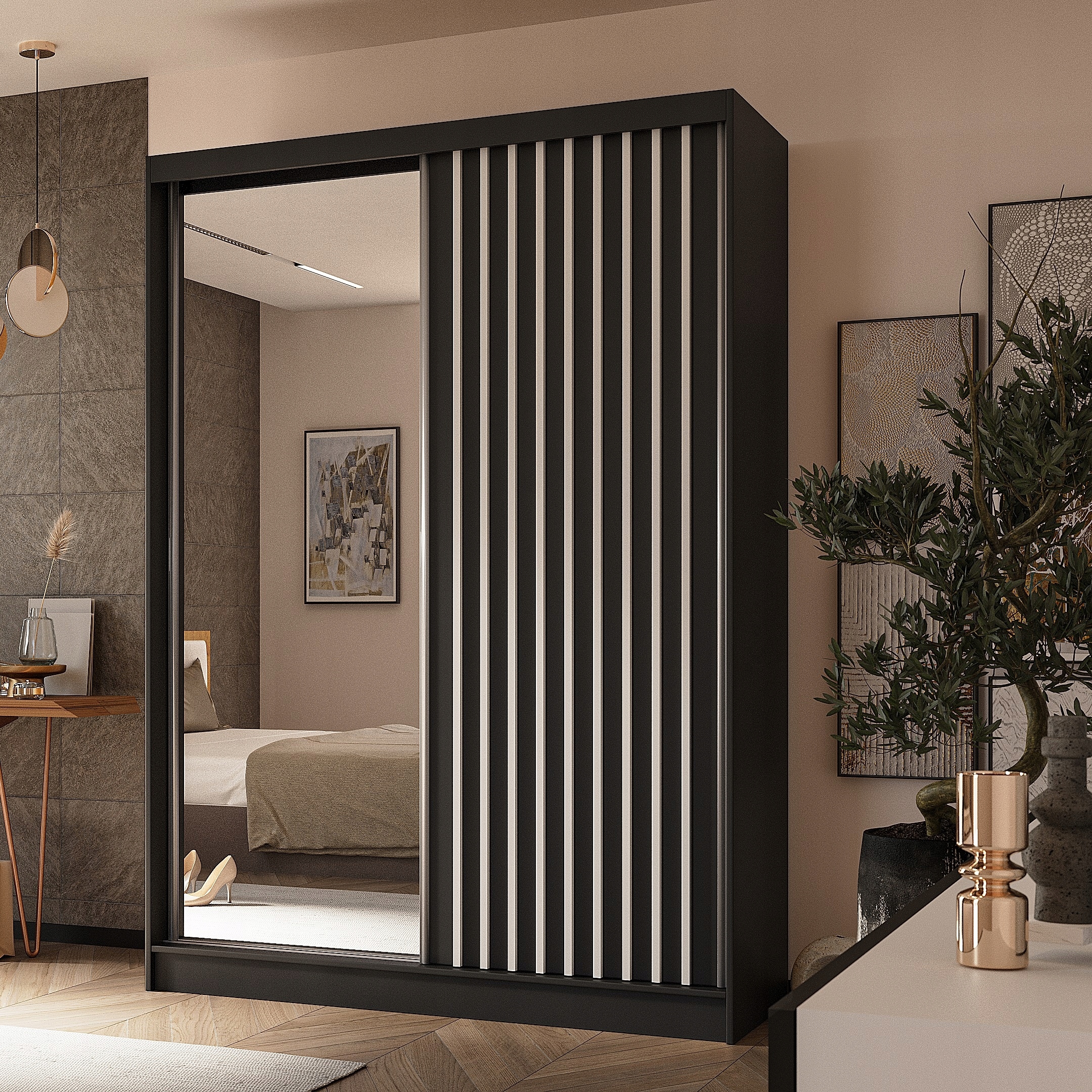 Skříň dvoudveřová Lamello 150 cm Skříň se zrcadlem Posuvná černá