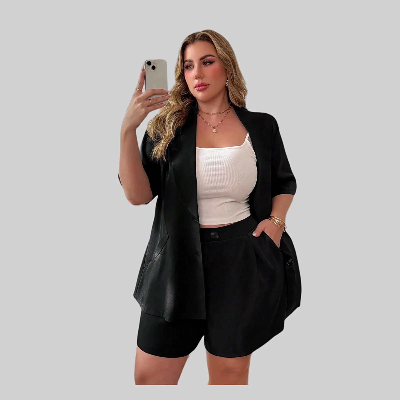 Dámský Oblek elegantní černý sako krátký rukáv kraťasy XL