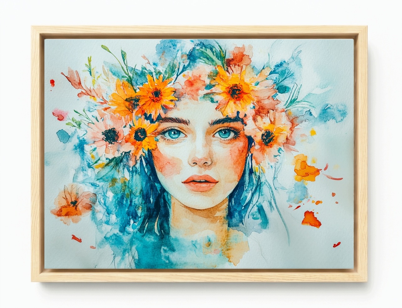 Obraz Rám American Box Tyrkysová Dáma Portrét Kvety Akvarel Boho 80x60