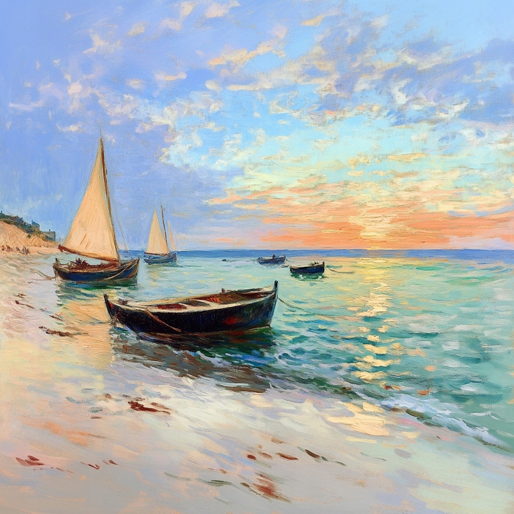 Obraz Na Plátně Canvas Krajina Moře Pláž Lodě Plachetnice Západ 80x80